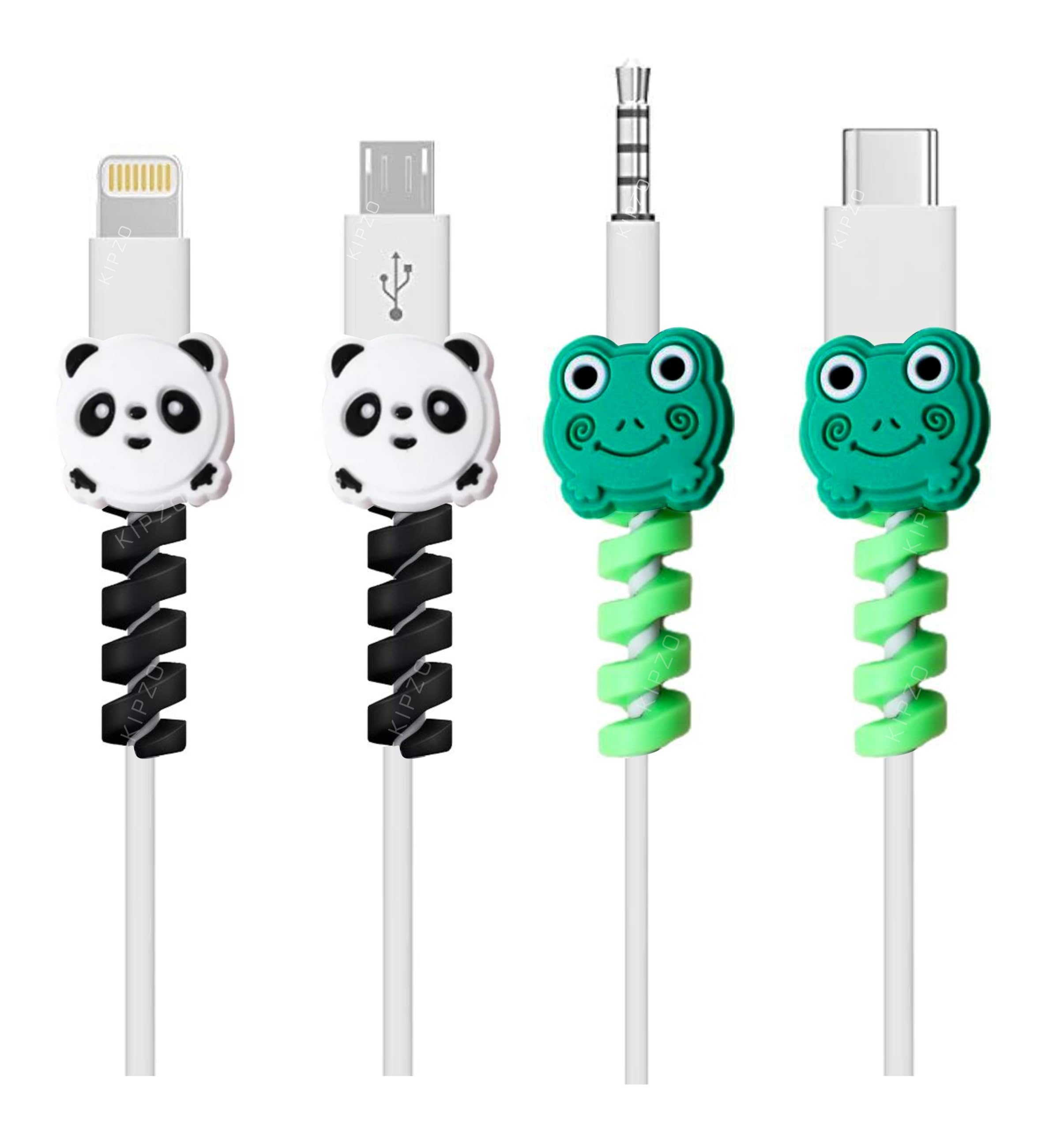 Pack of 4 Cute Cartoon Cable Protectors with Creative Animal face Cover Spiral Charger USB Cable Protector Silicon Wire Saver Spring Soft Black Green Panda Frog-image-18