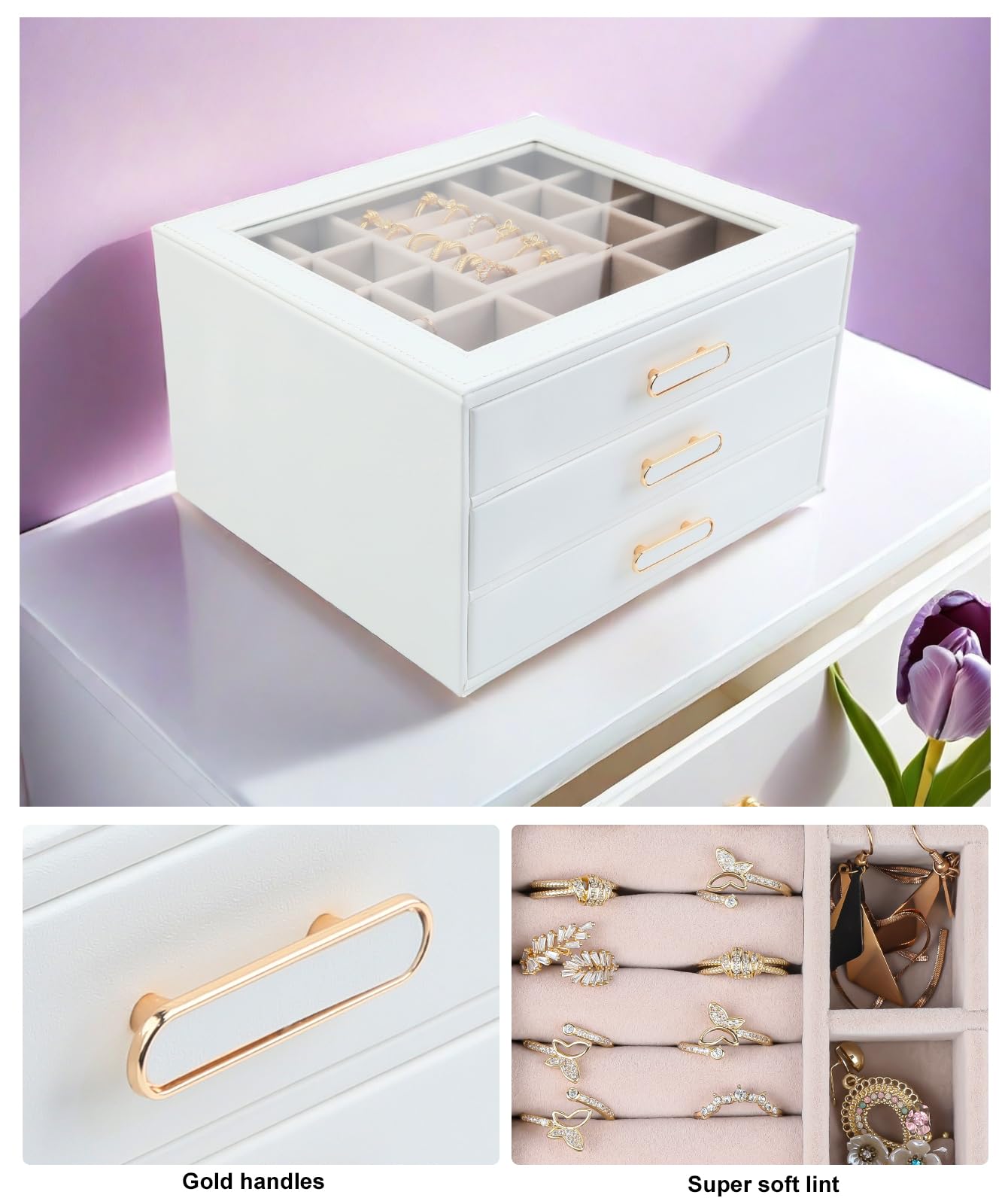 ASINGYER Joyero con tapas de cristal, organizador de joyas de 3 capas con 3 cajones para almacenamiento de collares, aretes y pulseras, cajas de joyería y organizadores para mujer (blanco)