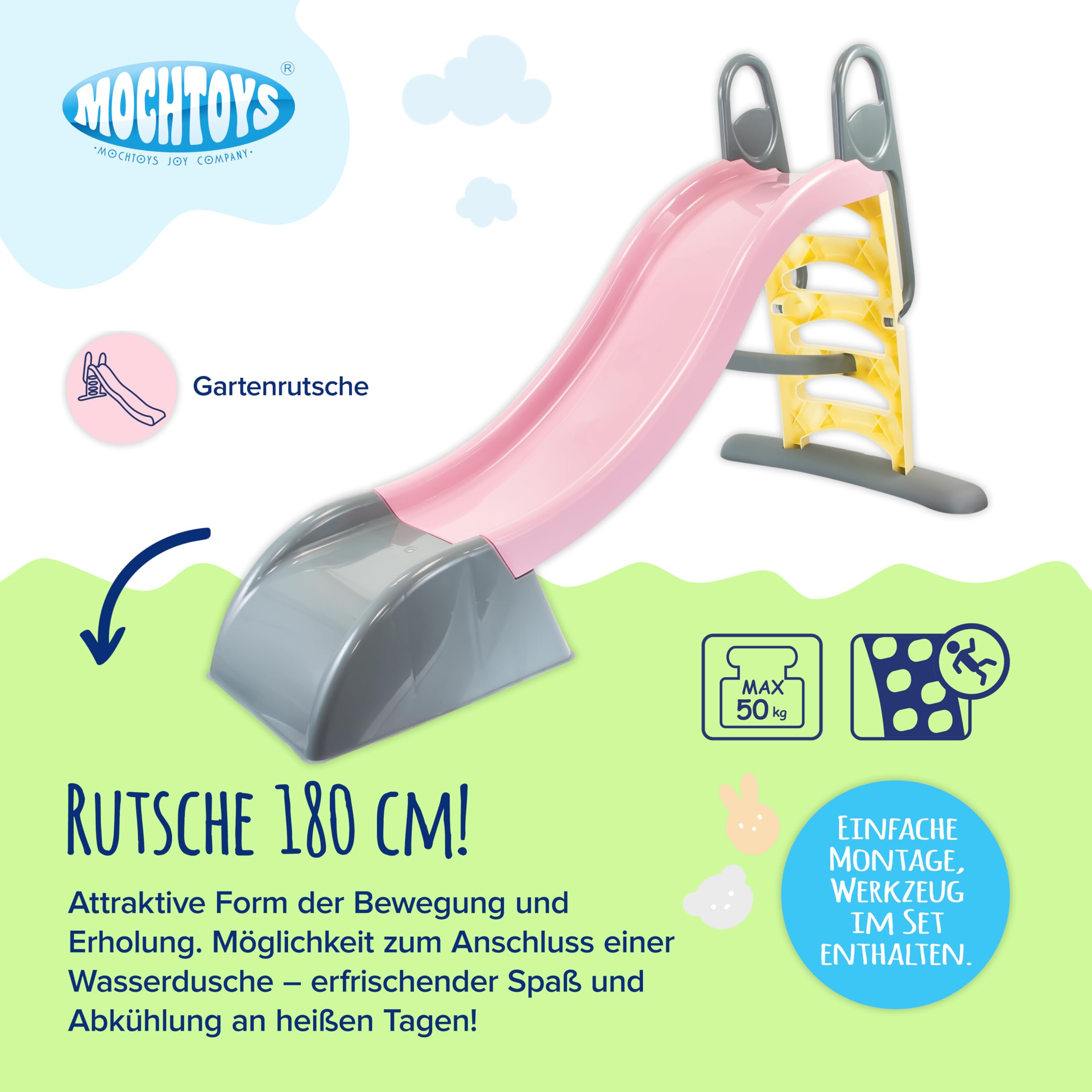 Mochtoys Rutsche für Kinder - 180 cm Lange Innen und Außen UV-Beständig, Große Gleite Für Kinder, Wasseranschluss, Rutschbahn, Rosa/Grau