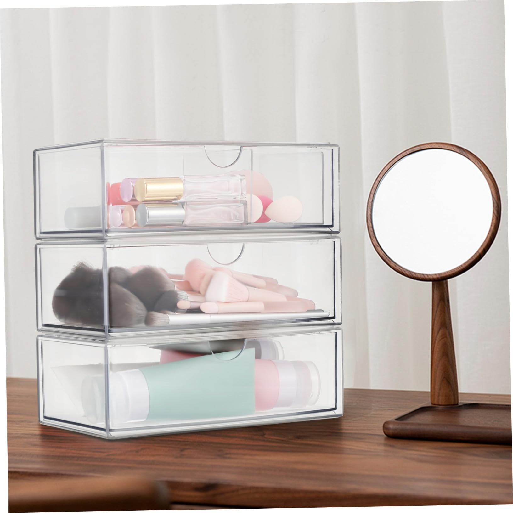 3 piezas Caja Organizadora Maquillaje Transparente con Tapa Organizador de Cosméticos con Compartimentos para Lápices Labiales y Algodón Almacenamiento Compacto y Resistente para