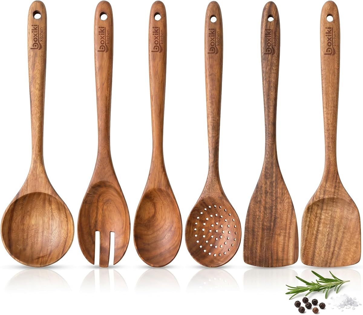 Luxury Teak Wood Utensil Set - Elegant 6-Piece Cooking Ensemble Including Spoons, Server, Scraper & Spatula - Expertly Crafted for Culinary Excellence