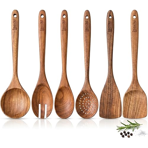 Boxiki Kitchen Luxury Teak Wood Utensil Set - Elegant 6-Piece Cooking Ensemble Including Spoons, Server, Scraper & Spatula - Expertly Crafted for Culinary Excellence
