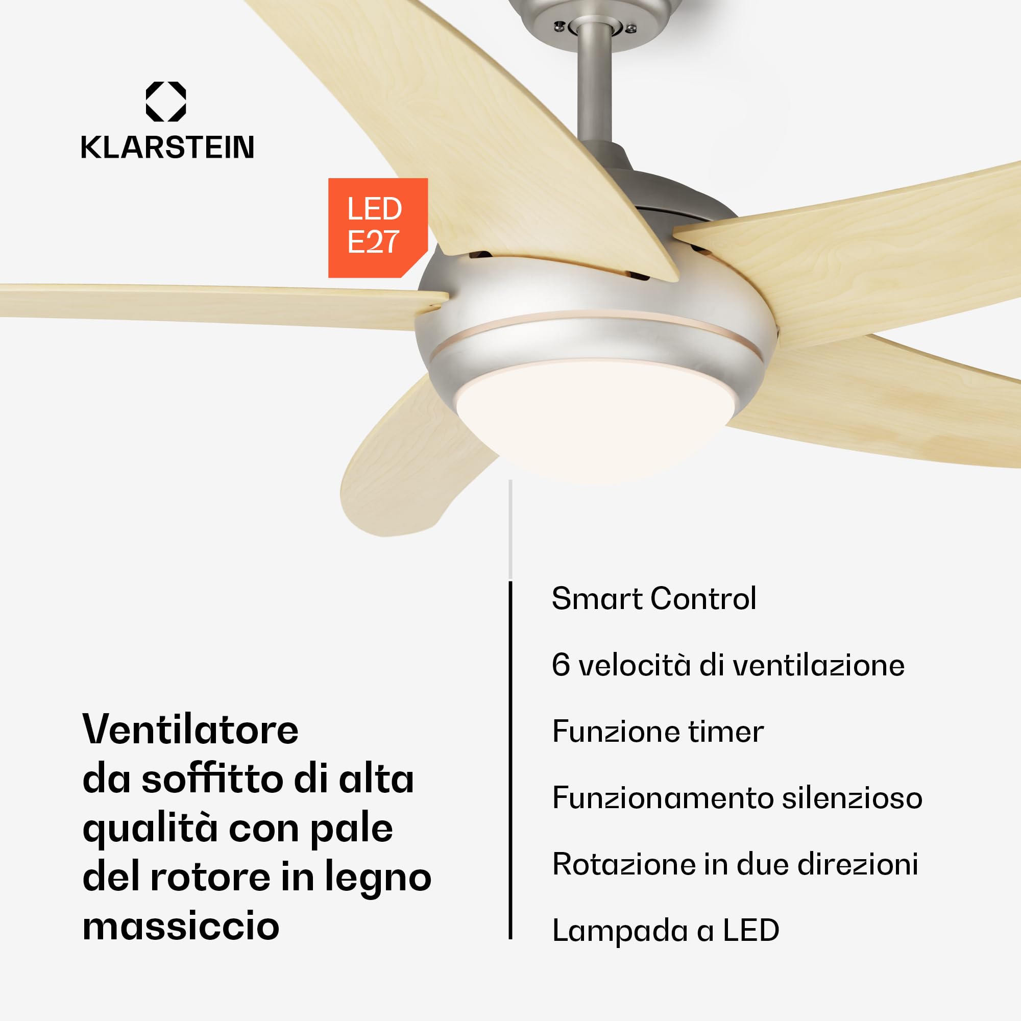 KLARSTEIN Bolero Ventilatore da Soffitto con Luce e Telecomando - 132cm, 6 Velocità, Modalità Estiva/Invernale, Silenzioso, Smart App, Design Elegante, Montaggio Flessibile, Acero