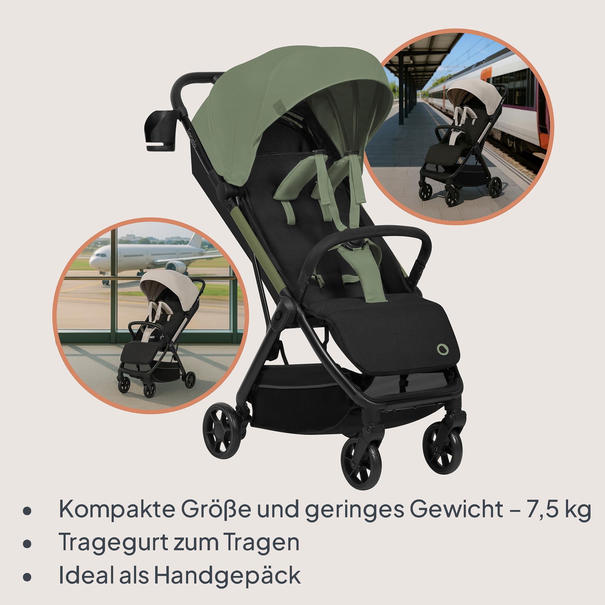 Lionelo Julie Air Buggy bis 22 kg 6 m-4 Jahre 360° Schwenkräder Federung Einhand-Faltmechanismus LSF50+
