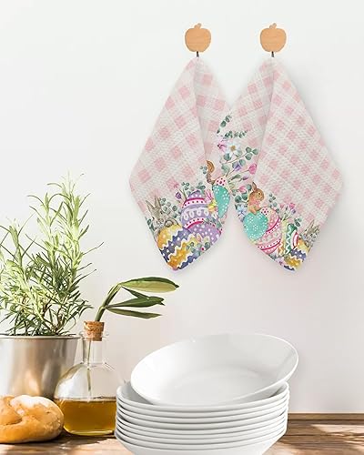 Miniatura 2 de 2 Packs Kitchen Towel Cotton Waffle Weave, Happy Easter Bunny Rabbits Spring Florals Eggs Buffalo Plaid Absorbent Quick Drying Dish Cloths for