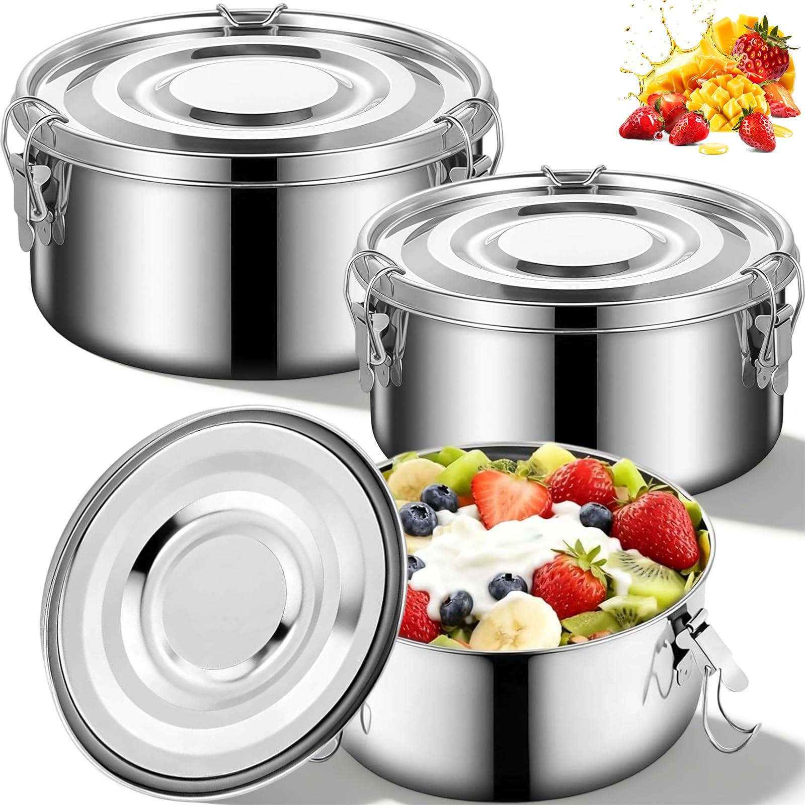 3Pezzi Contenitori Ermetico Alimenti Acciaio Inox con Coperchio, Schiscetta Pranzo Acciaio Inossidabile per Preparare Pasti, Conservare Avanzi, Zuppe, Frutta e Insalate