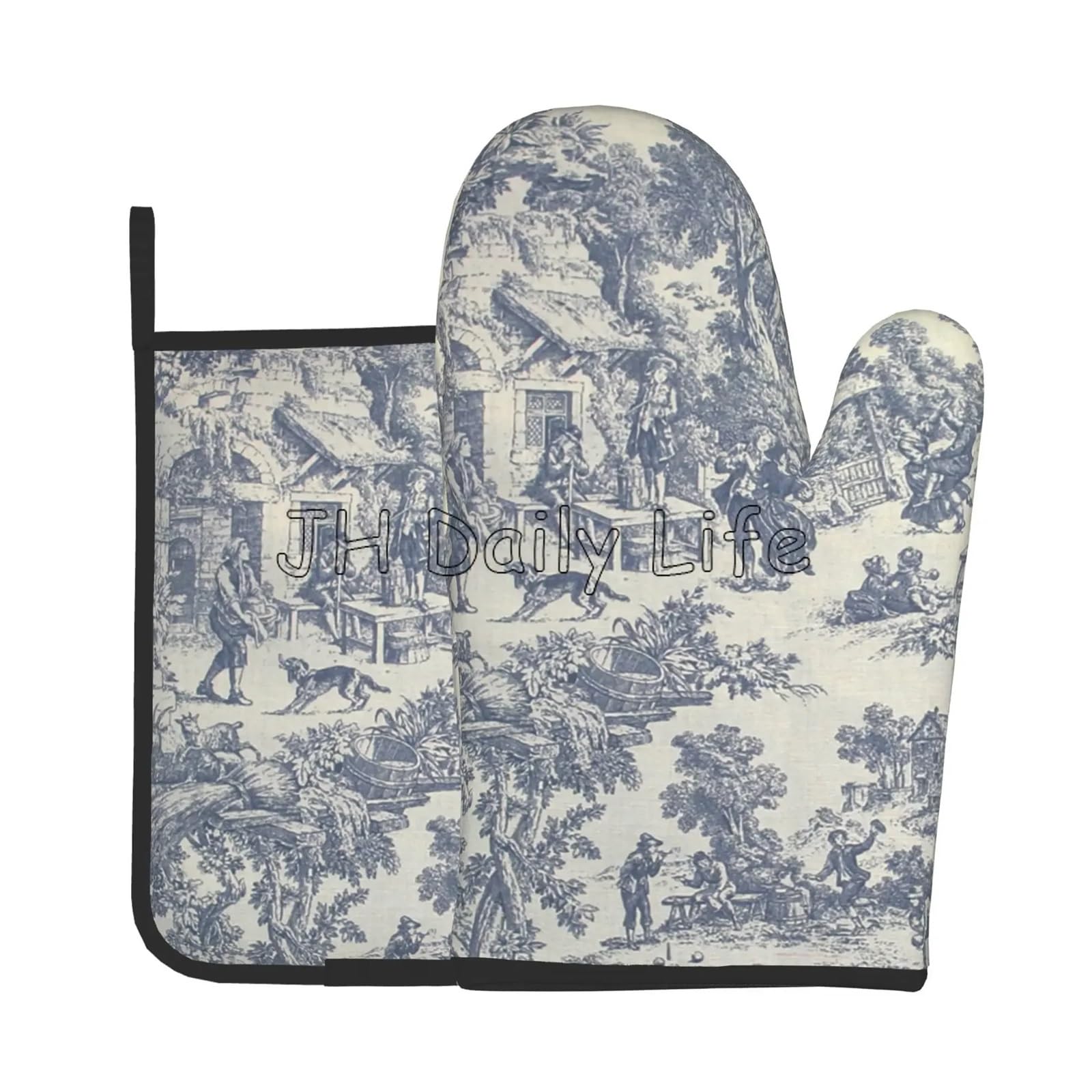 Navy Blue Motif Heat Oven Mitts and Pot Holders Sets Oven Gloves for BBQ Cooking Baking Grilling(Black)
