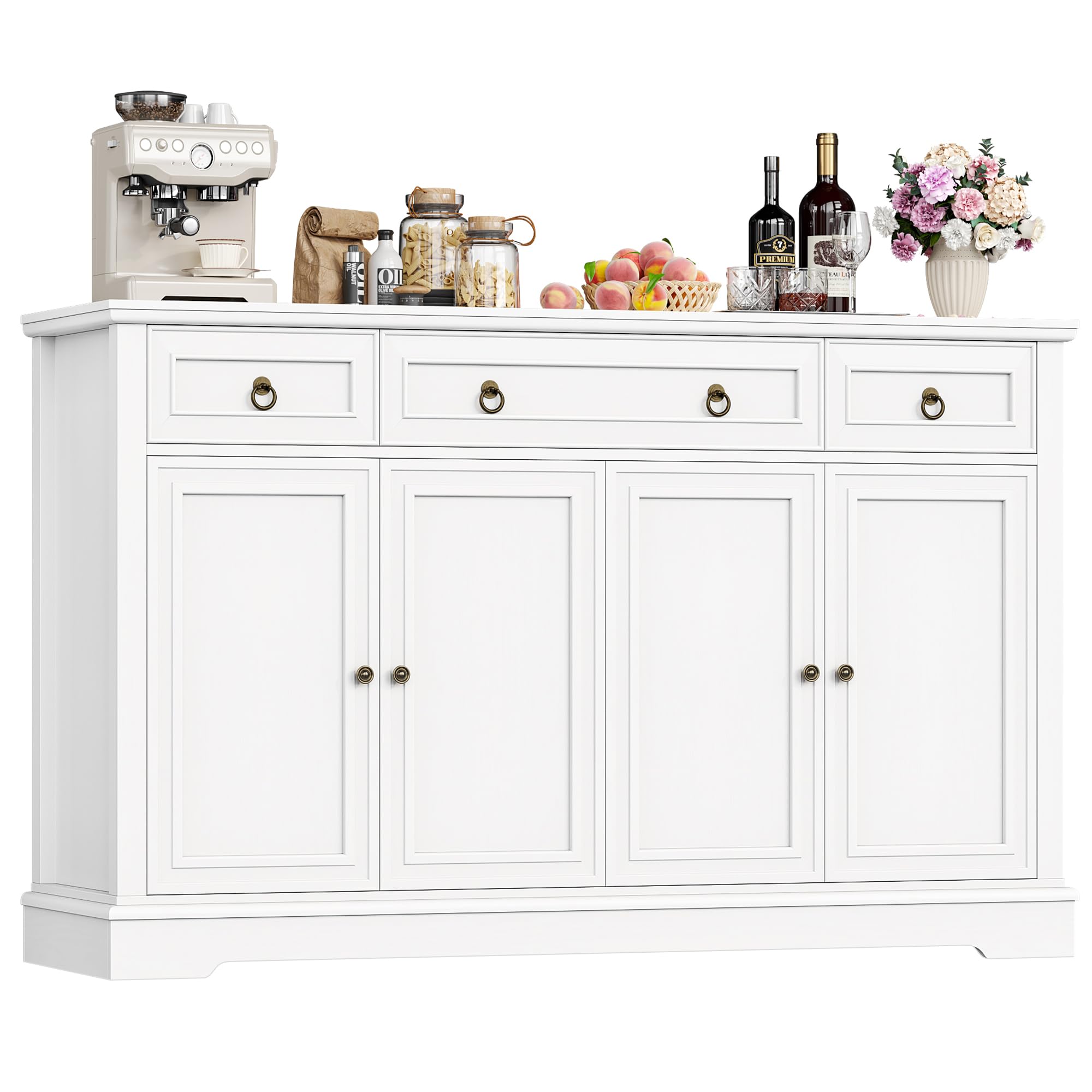 FirFurd Kitchen Sideboard Storage Cabinet White Sideboard Large Buffet Cupboard with 3 Drawers 4 Doors Adjustable Shelf for Living Room Dining Room Furniture 134x40x87cm