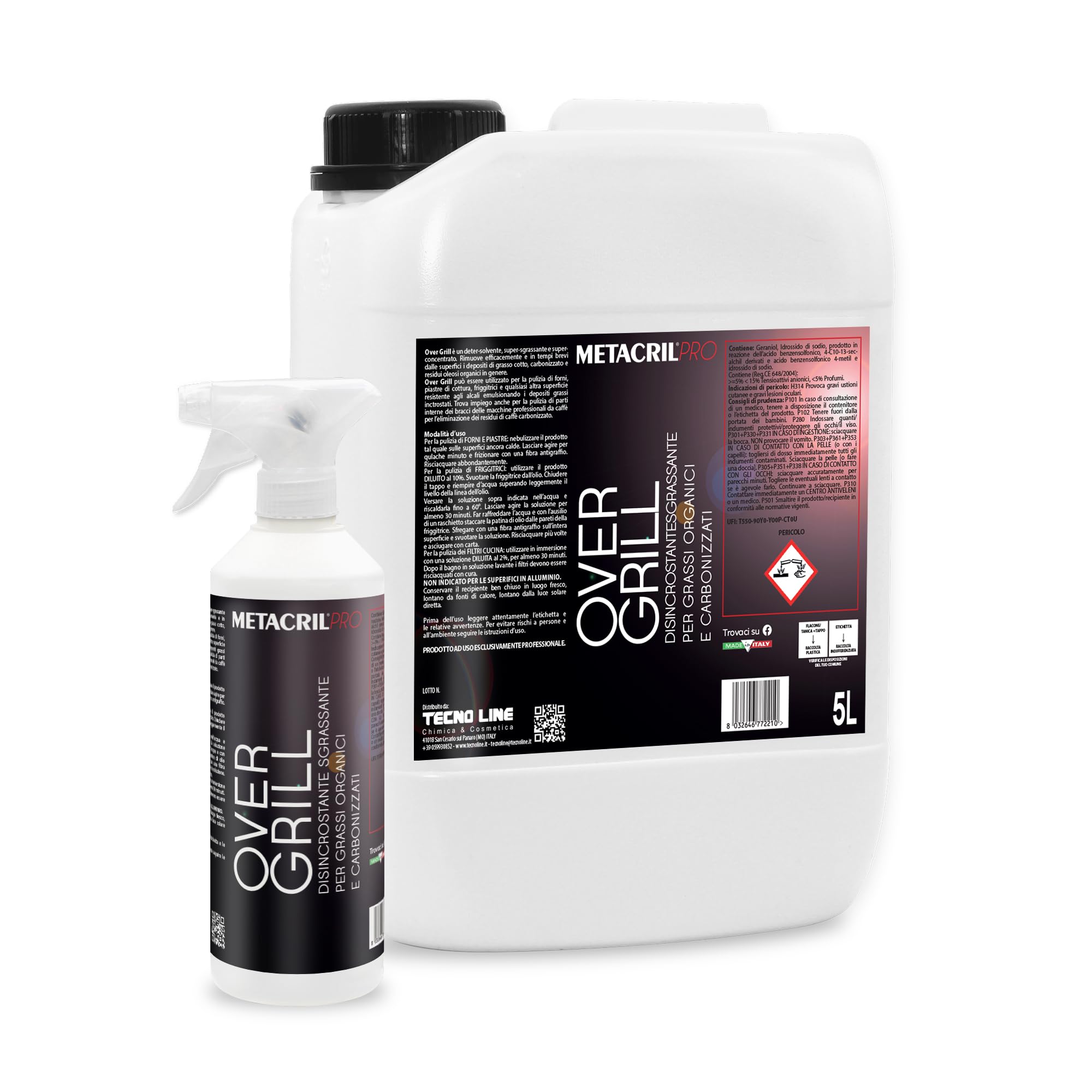 Metacril Over Grill + Vaporizzatore, Disincrostante e Sgrassante ad alta concentrazione per Barbecue e Griglie – 5 LT