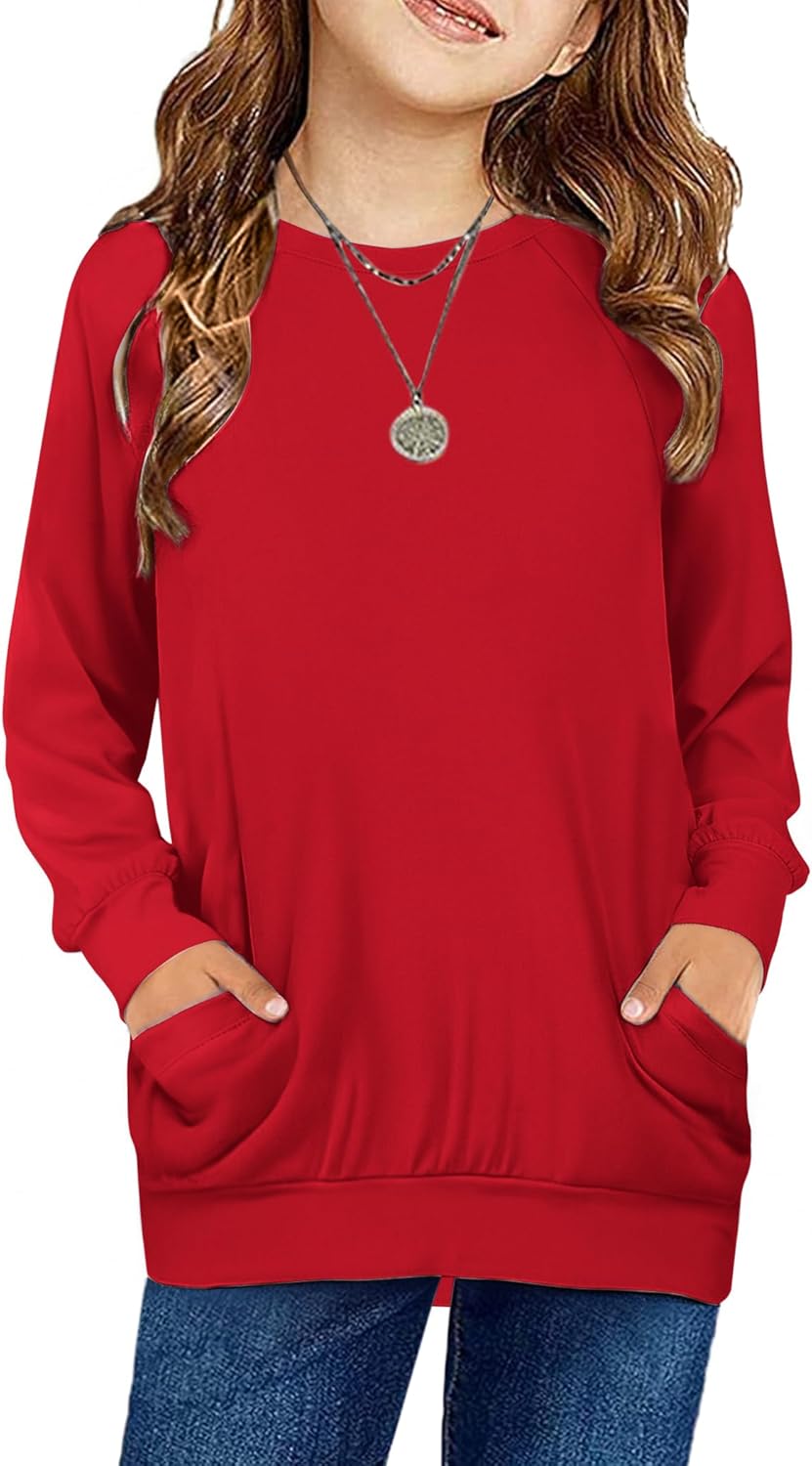 Arshiner Girls Long Sleeve Shirts with Pockets Crewneck Soft Casual Raglan Kids Blouse Tee Tops