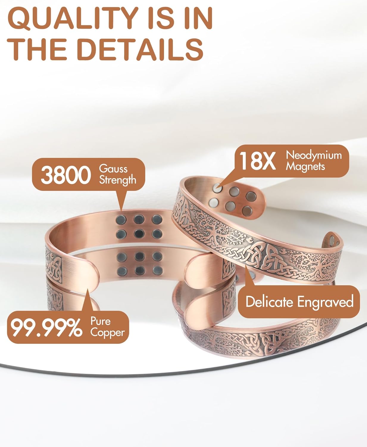 Feraco Pure Copper Bracelet for Men Women, Ultra Strength Magnetic Cuff Bangle for Men Women with 3500 Gauss Neodymium Magnets, 99.99% Copper Life Tree Jewelry, Adjustable - Image 4
