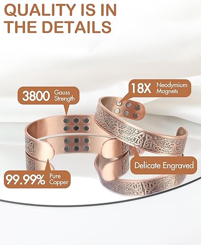 Miniatura 7 de Feraco Pulsera de cobre puro para hombres, pulseras de terapia magnética de fuerza mejorada 18X con 3500 imanes de neodimio Gauss, brazalete de