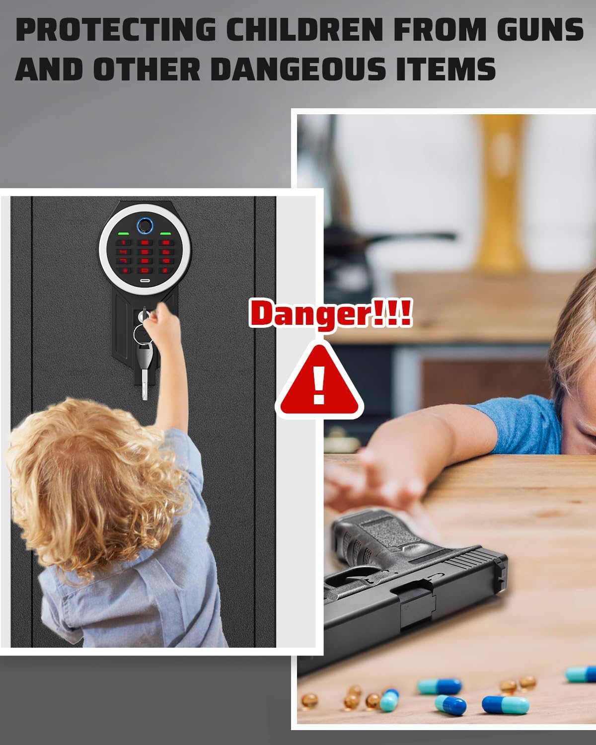 Image depicting a child reaching for a gun safe and a gun on a table, with a danger warning.
