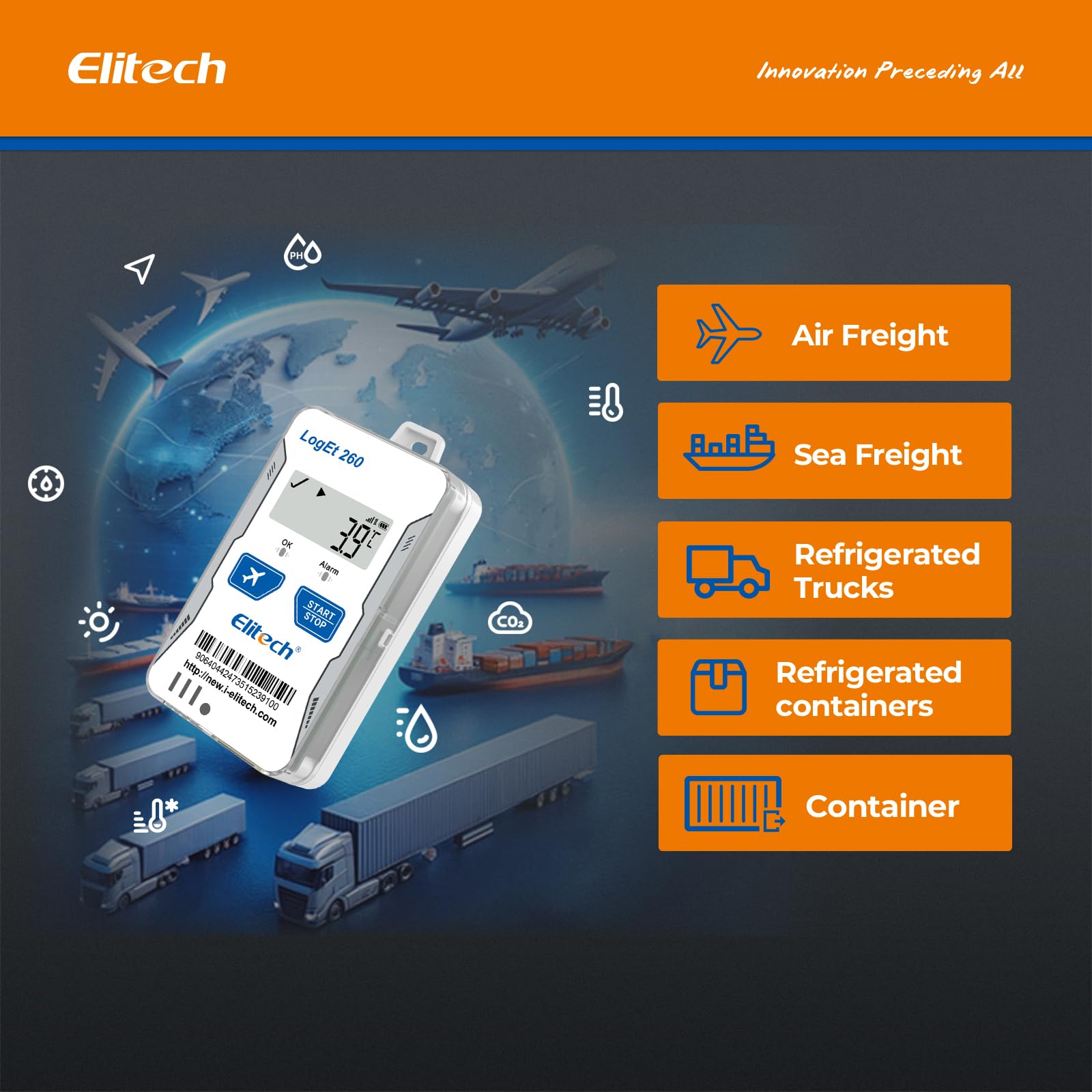 Elitech Registrador de Datos Reutilizable en Tiempo Real de Temperatura y Humedad Luz/Choque/Ubicación Integrada SIM Datos de Sombra en la Nube SMS/Correo Electrónico/Aplicación/Alarma 100000 Puntos