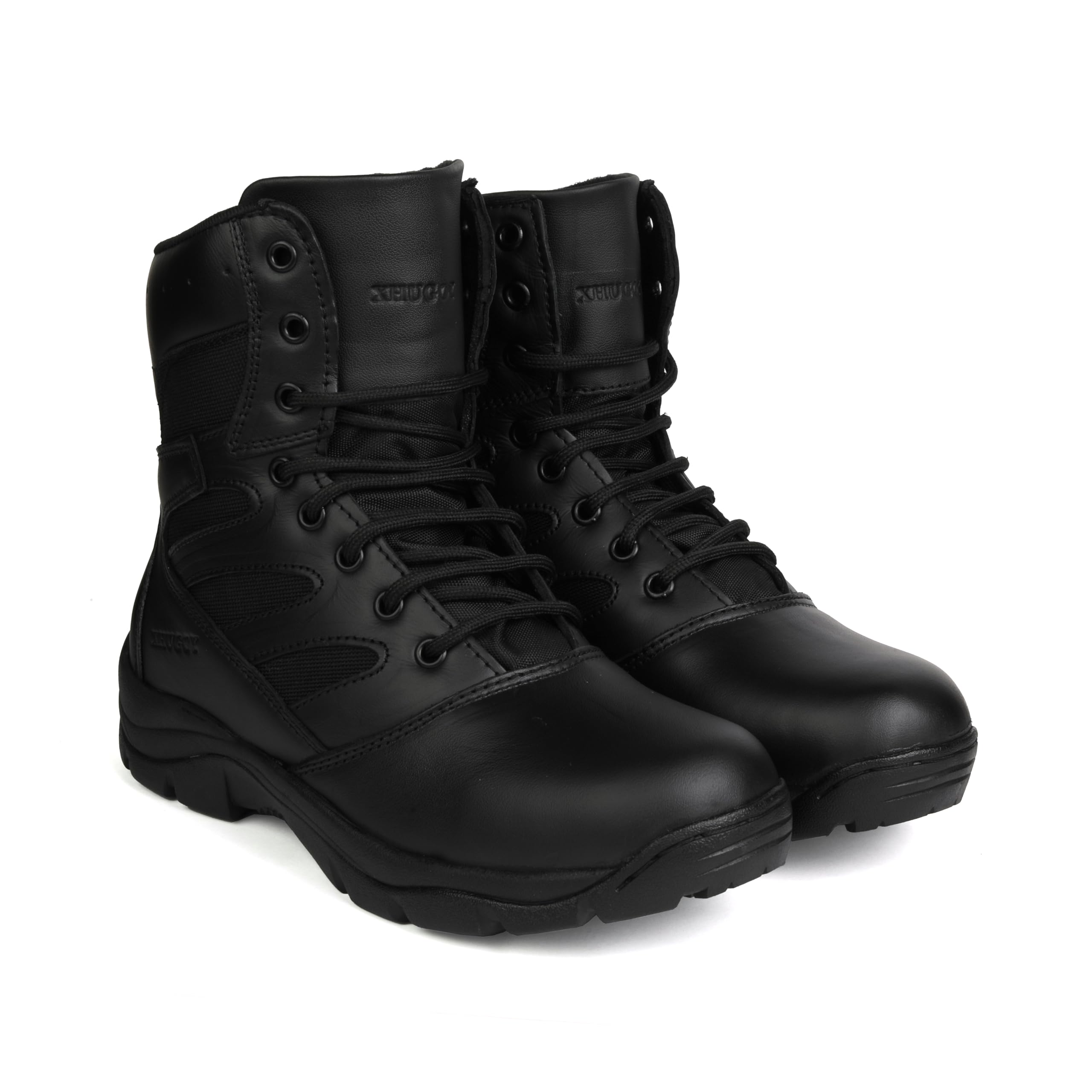 xhugoy 008 Genuine Black Leather Military Men's Combat Boots -High Ankle - High Top Lace With Chain-picture-41