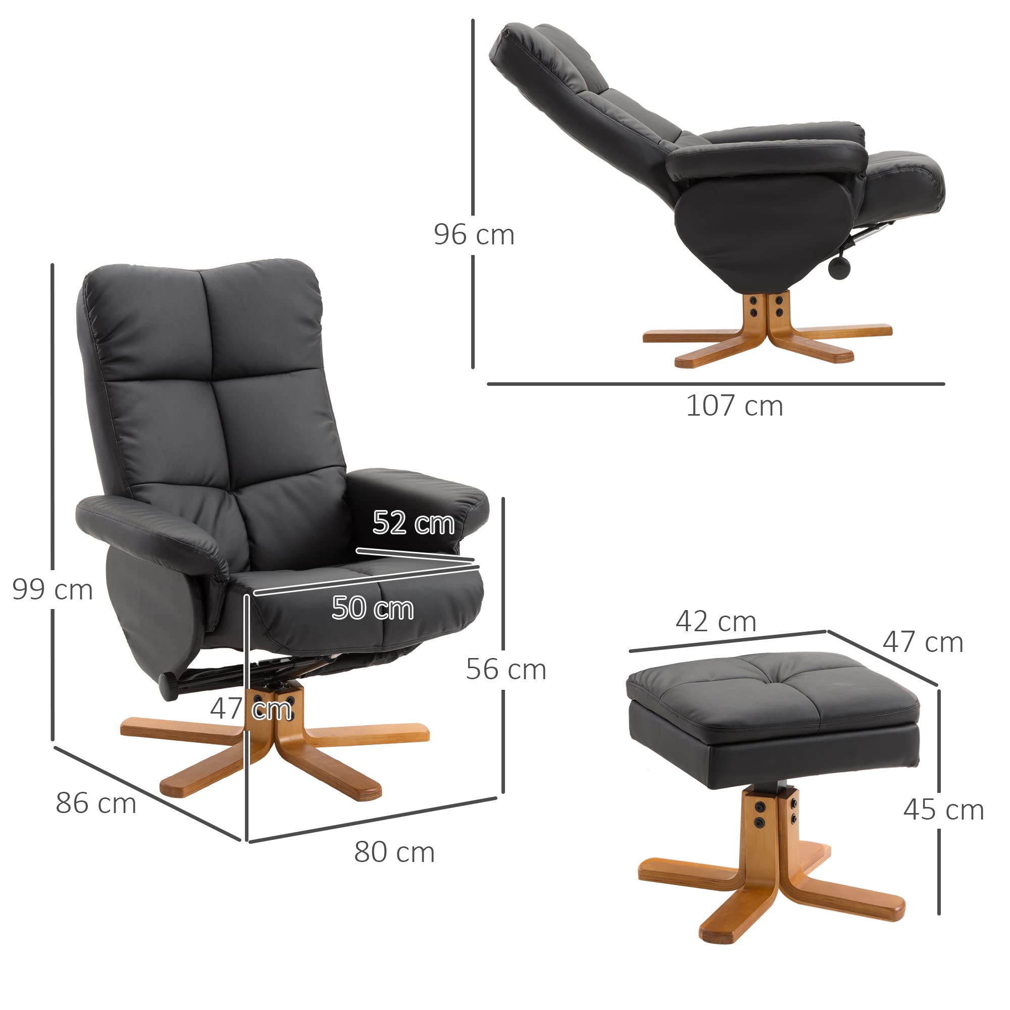 HOMCOM Poltrona Sedia Relax Reclinabile con Poggiapiedi in Pelle PU Nero