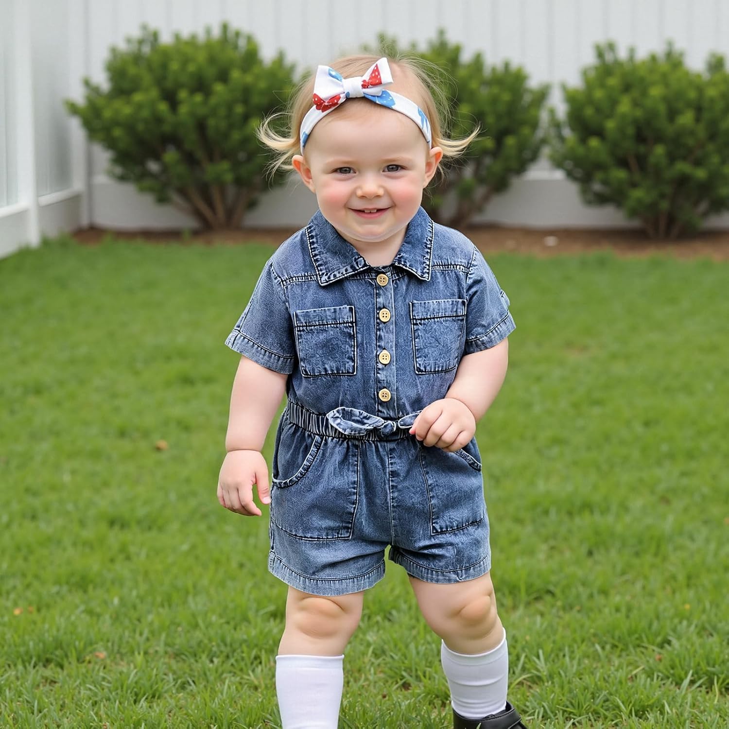 Emmababy Toddler Girl Denim Jumpsuit Short Sleeve Button Down Romper Jean Overalls Shorts Kids Summer Clothes Baby Denim Set - Image 3