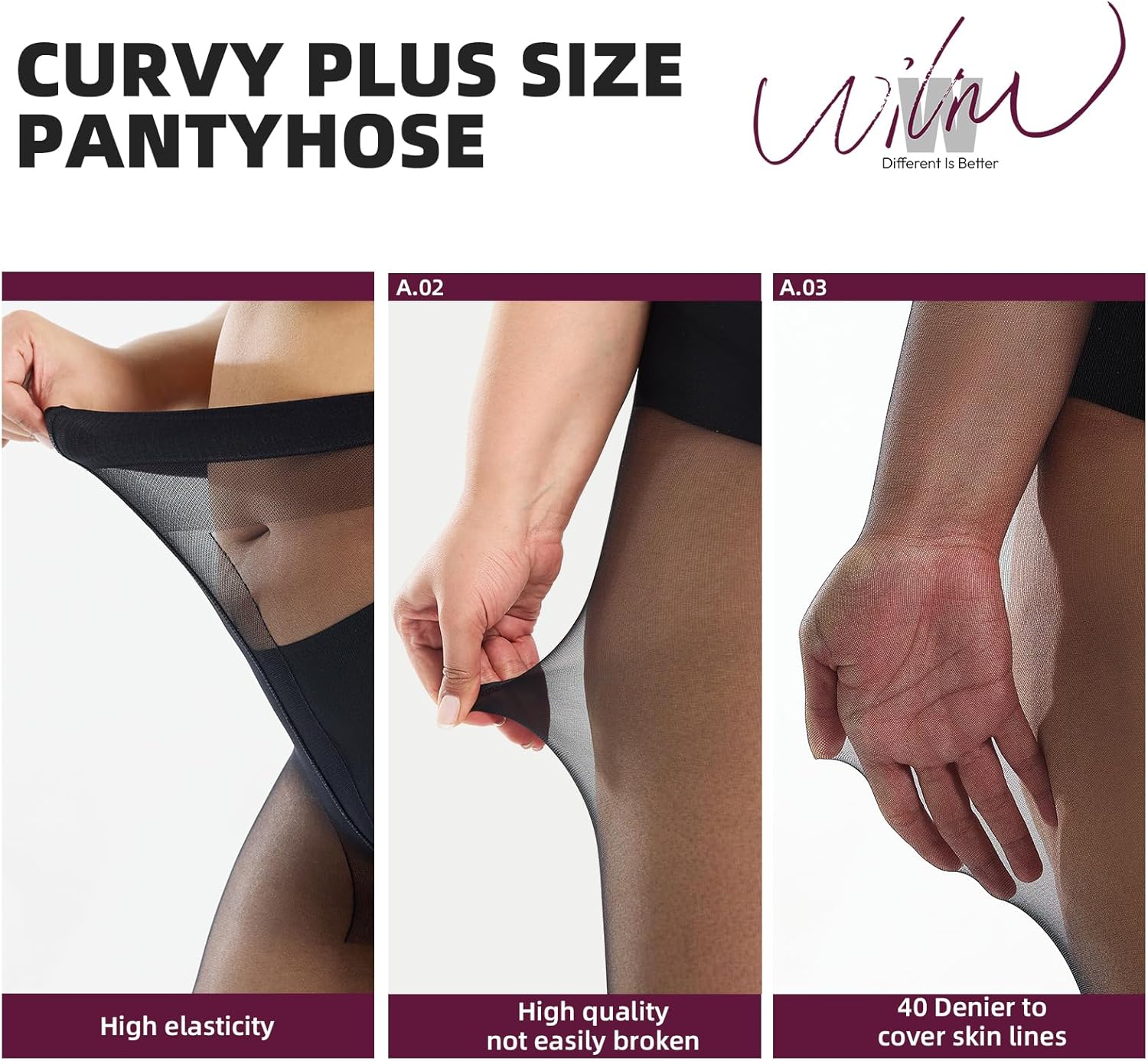 WiliW 2 Pairs Plus Size Tights for Women, 40D Sheer to Waist Sheer Pantyhose - Image 2