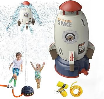 Rocket Toy, Space Rocket Sprinkler, 360 Degree Rotating Water Sprayer, Rocket Sprinkler Toy, Outdoor Water Toy, Fountain Rocket, Parent-child Interface, Water Pressure Control Height with 9.8 ft 3 m Hose, Seal, Base, Summer Toy for Kids Grey