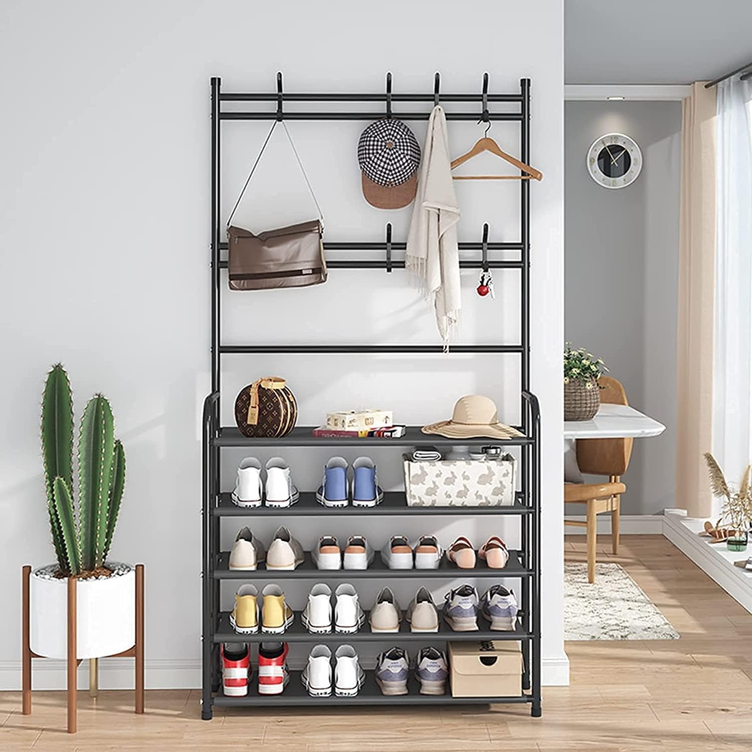 Multi-Functional Metal Coat Rack Shoe Rack Hall Tree 3 in 1 Designed of Storage Rack with Bag, Coat, Hat, Shoe Rack Fits Your Hallway, entryway with 5-Tier Shelf for Storage-image-17