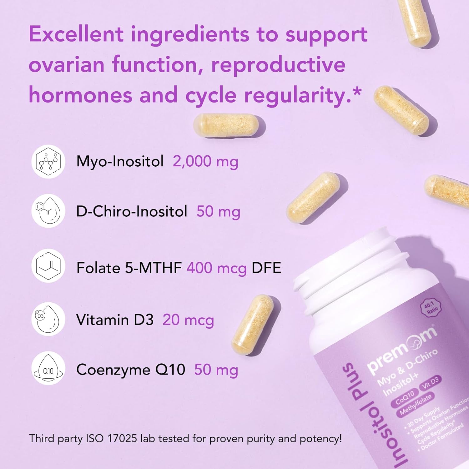 Premom Inositol Plus - 2000mg Myo-Inositol & 50mg D-Chiro Inositol, CoQ10, Folate & Vitamin D3-40:1 Ratio - Supports Hormonal Balance, Ovarian & Reproductive Health - 30 Day Supply - Image 3
