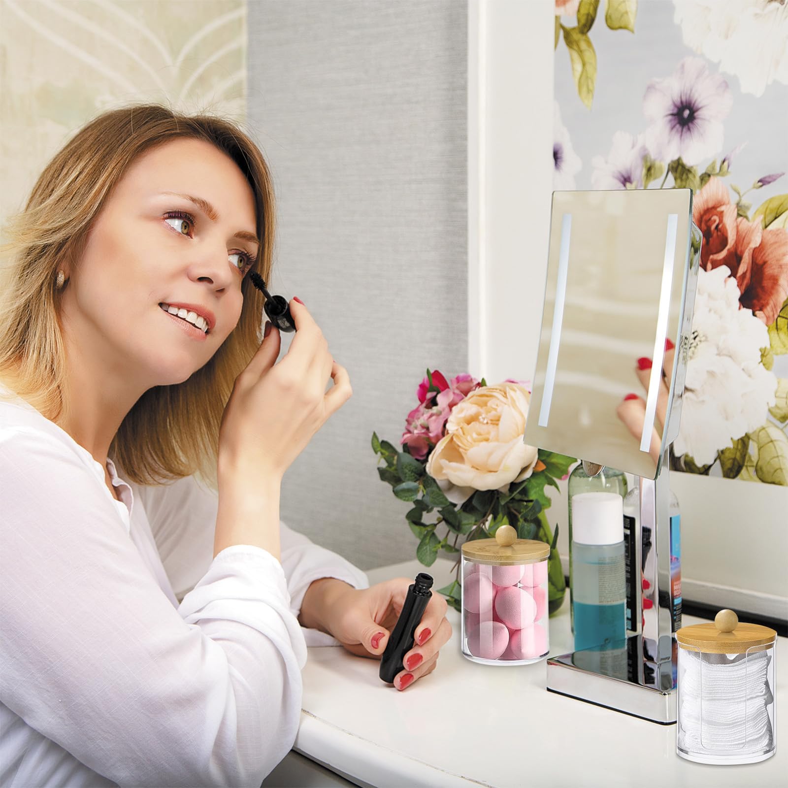 3 Piezas Dispensador de Algodón,Organizador de Almohadillas de Maquillaje,Contenedor de Hisopos de Algodón de Acrílico con Bambú Tapas,Organizador Baño para Cosméticos Hisopos (3)