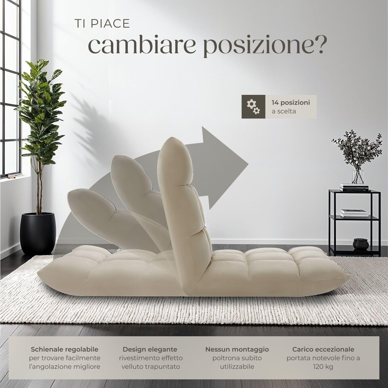 tectake® Poltrona Relax in Velluto, Poltrona Regolabile in 14 Posizioni, Imbottitura Spessa, Rivestimento Lavabile, Telaio in Acciaio, Ideale per Salotto, Camera da Letto, Ufficio - Beige