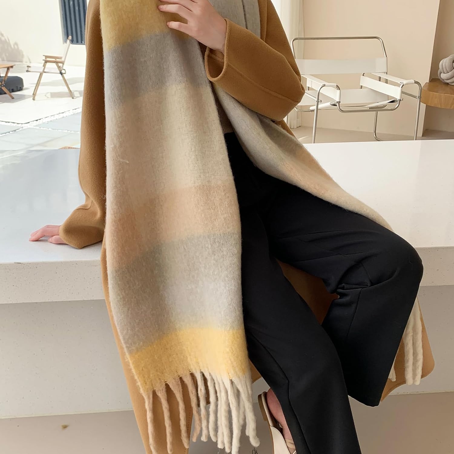 Large Chunky Plaid Scarf Coloured Checked Oversized Scarf Tassel Soft Fall Winter Thick Warm Shawl Women - Image 4