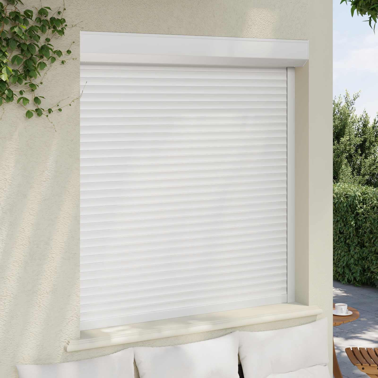 Volet roulant blanc 130 x 140 cm en aluminium et polyuréthane avec rail de guidage et pilote manuel pour fenêtre, maison, extérieur, protection solaire et brise-vue