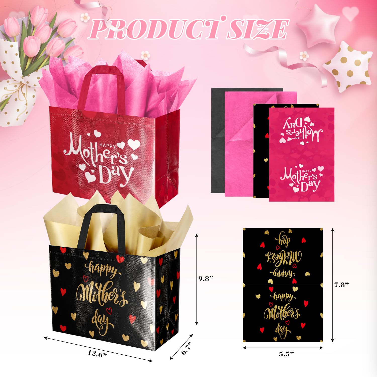 ysmile 2 Pack Mother’s Day Gift Bags with Tissue Paper & Cards – Reusable Non-Woven Gift Totes for Mom, Grandma, Grandmother (12.6", Pink & Black Gold)