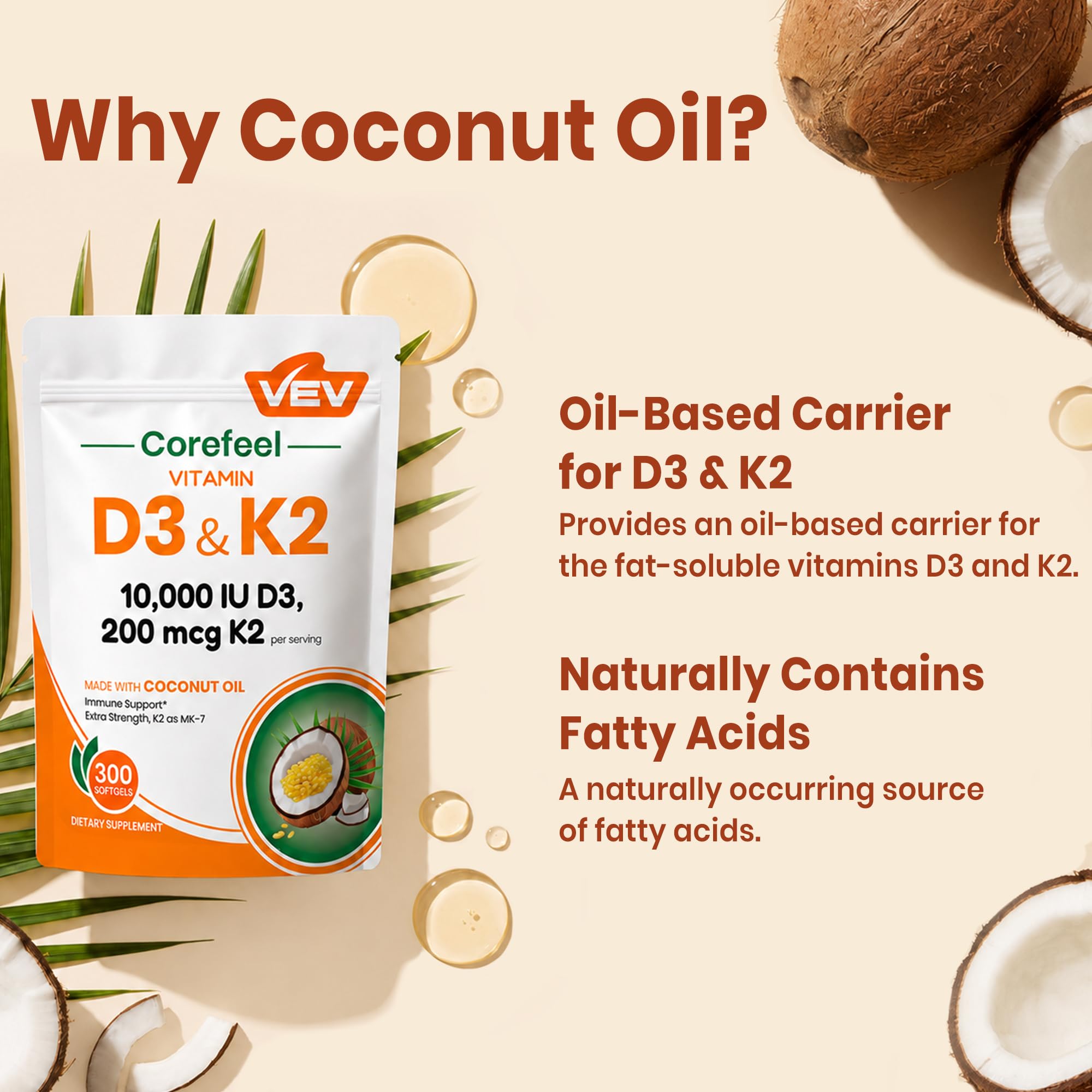 VEV Vitamin D3 K2 10,000 IU, 200 mcg K2, 300 Coconut Oil Softgels — Amazon image 5