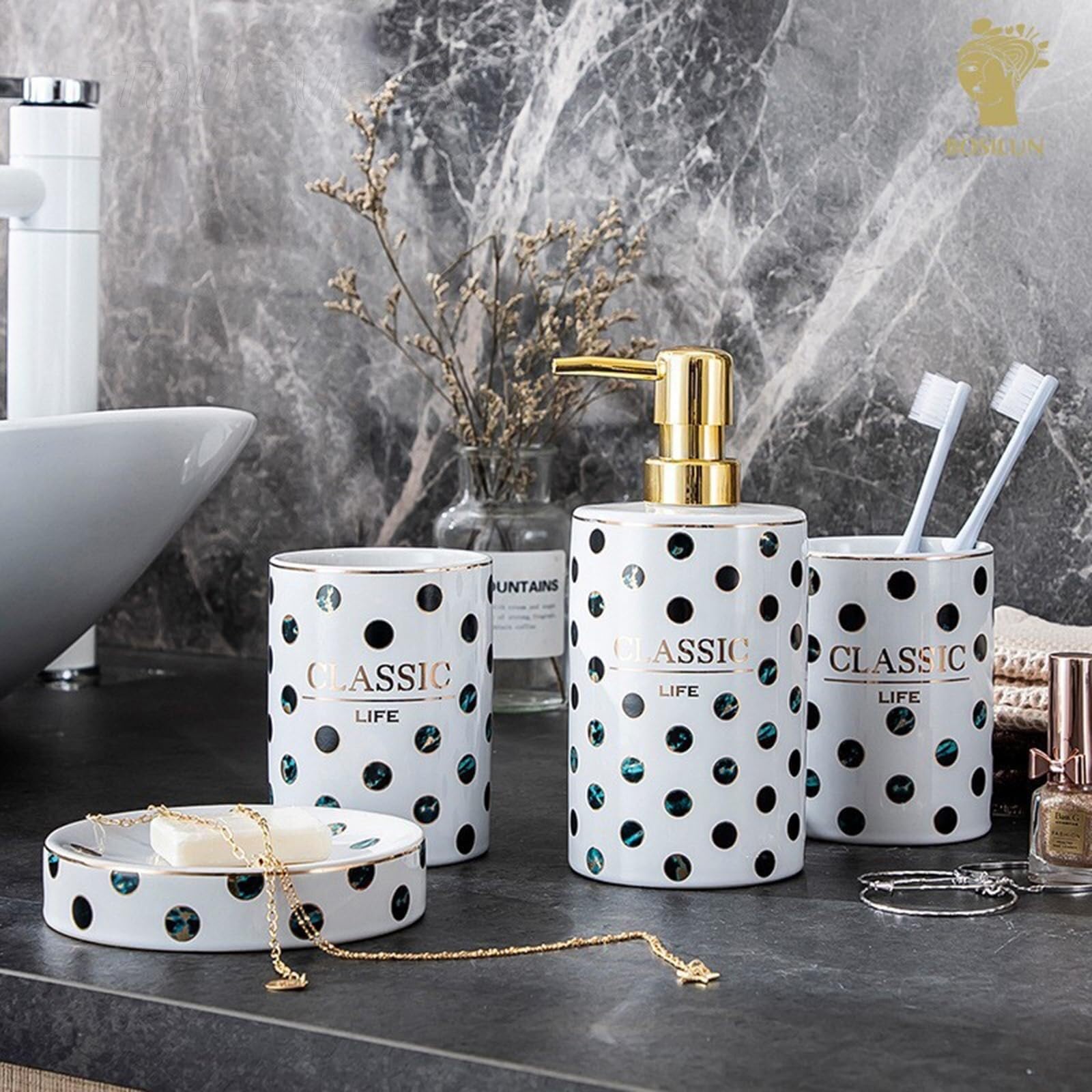 Set di accessori per il bagno Set da bagno in ceramica verde, 4 pezzi, dispenser di sapone con piattino e 2 bicchieri for spazzolini Arredamento per gli affittuari(Bathroom Set)