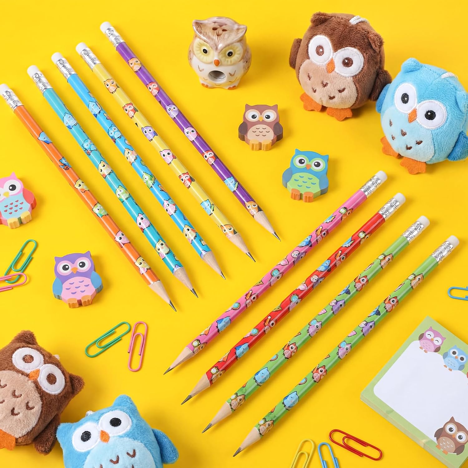 Gueevin 48 Pcs Owl Wooden Pencil with Eraser Cute Cartoon Assorted Stationery Pencils Novelty Animal Printed for Students Teacher Classroom School Reward Prize Party Favors