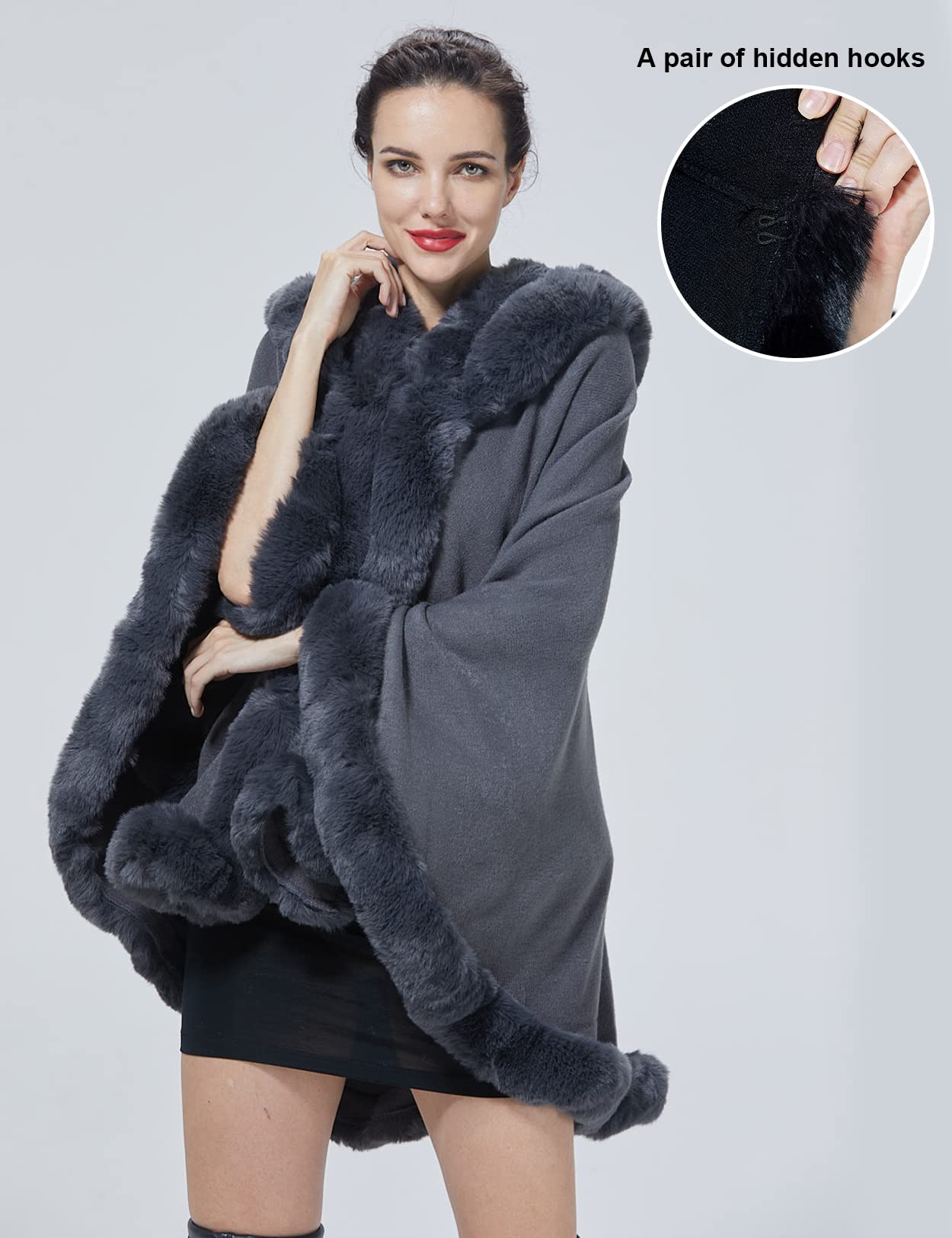 SUFCOMOU Poncho Hooded Shawl Wrap Women Cape Winter Faux Fur Trim Coat Sleeveless Cardigan Dressy Cloak for Party: One Size Grey