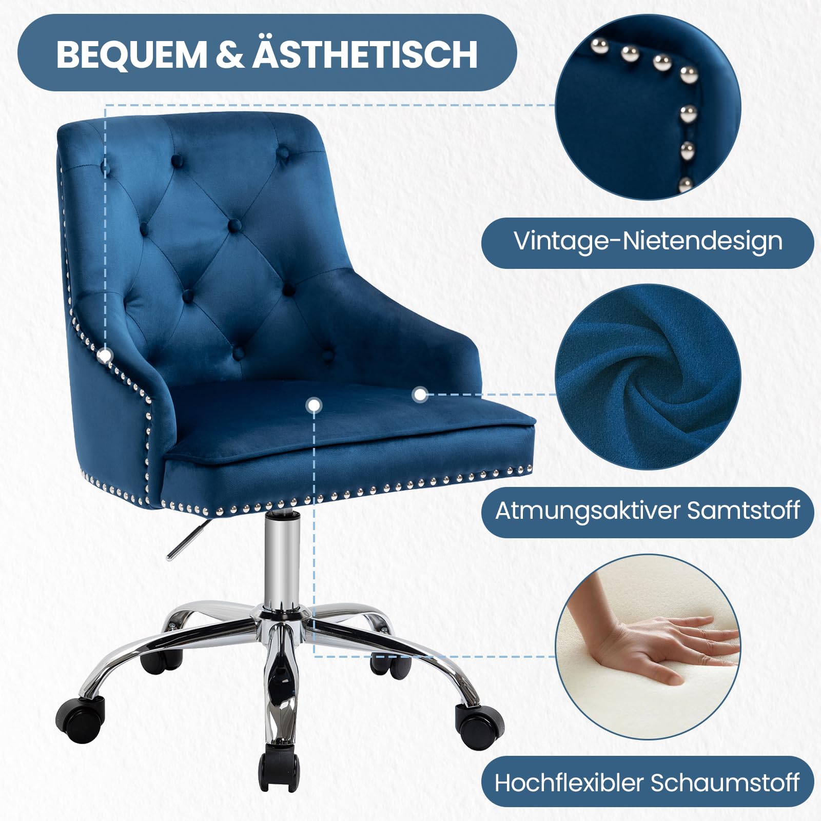 chairus Moderne 360 ° draaibare bureaustoel Chenille Gestoffeerde Thuisbureaustoel met Verstelbare Hoogte voor Slaapkamer/Receptie, Wit
