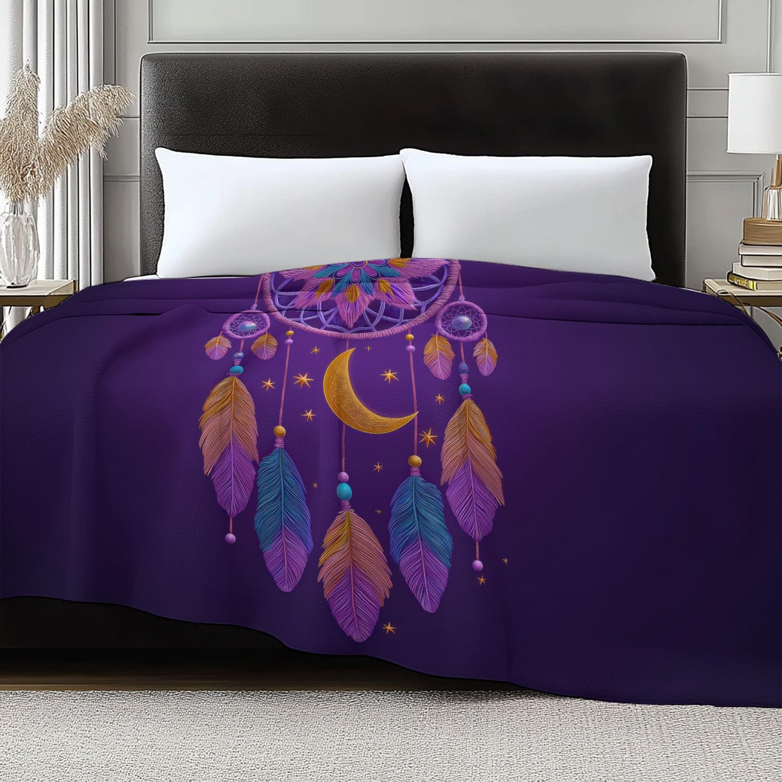 Générique Flanelowy koc 180 x 220 cm Fantastyczny łapacz snów Puszysty Księżyc Ciepły koc polarowy z mikrofibry, lekkie fioletowe koce na cały sezon do podróży, łóżka, sofy