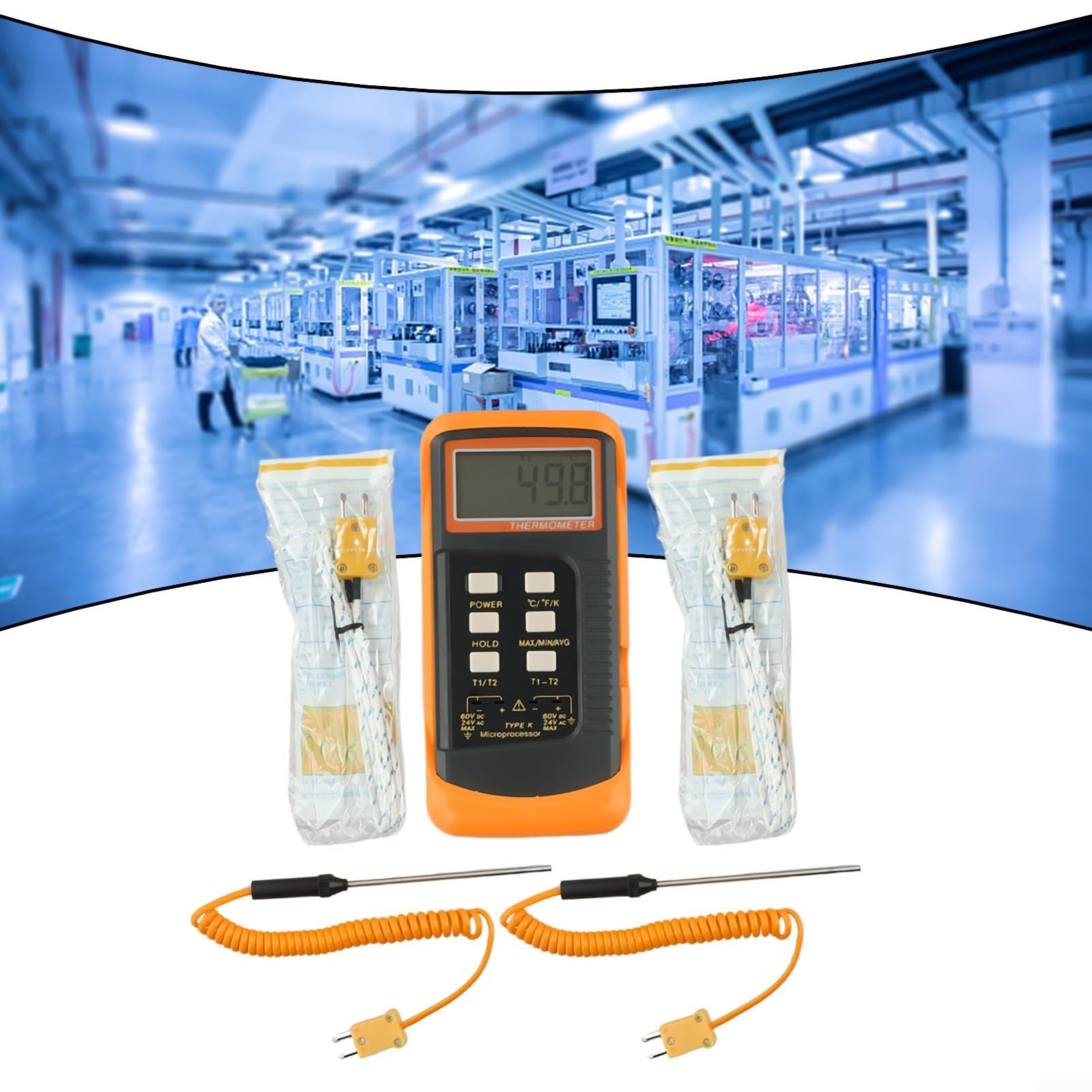 Termometro digitale a doppio canale K 6802 II con 4 sonde per misurazione della temperatura BGA HVAC da -50 °C a 1300 °C, doppio ingresso T1/T2, monitoraggio con display LCD e conservazione
