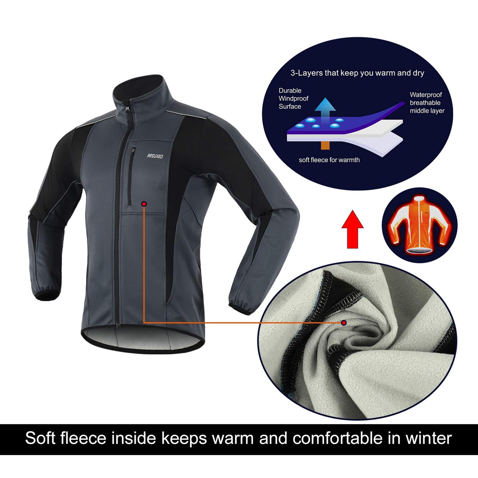 Chaqueta de ciclismo Softshell para hombre térmica, cálida y cortavientos Maillot impermeable para ciclismo de montaña; equipamiento para clima frío ideal para esquí, ciclismo