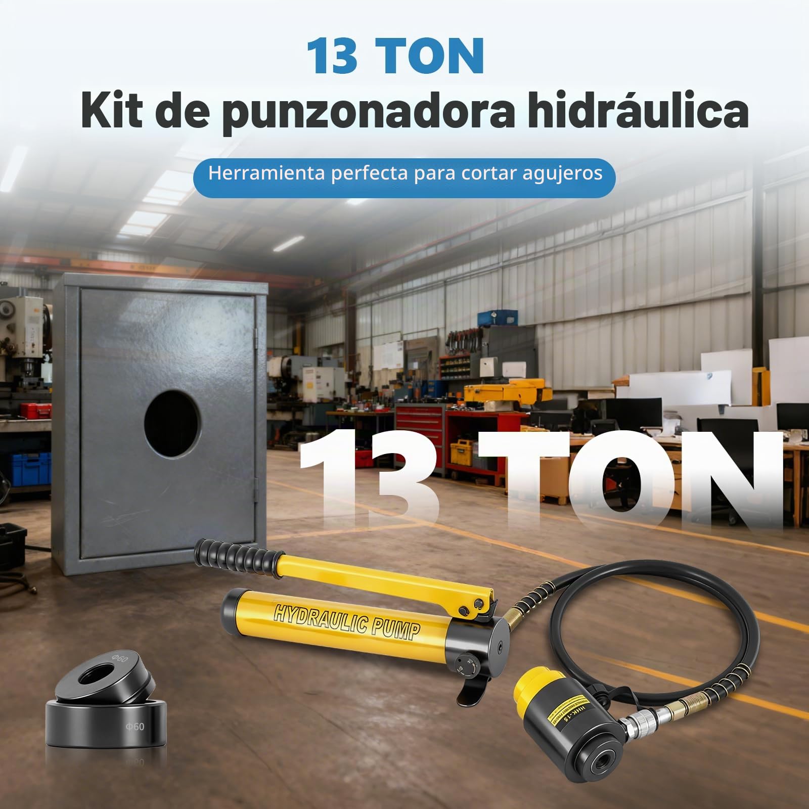 MXBAOHENG 22-60 MM Perforadora Hidráulica de Metal de 13 T con 6 troqueles de 22/27/34/43/49/60 mm, Juego de Perforadores Hidráulicos Knockout, para acero inoxidable ≤ 1,6 mm; chapa de hierro ≤ 3,2 mm