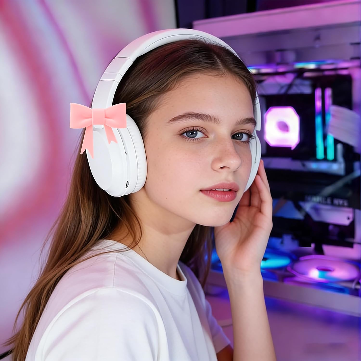 2 Pink Silicone Bow Decor Headphone Accessories Cute Silicone Bows Coquettish Headphone Attachment Accessories Christmas Gamer Her Women Gamers Streamers