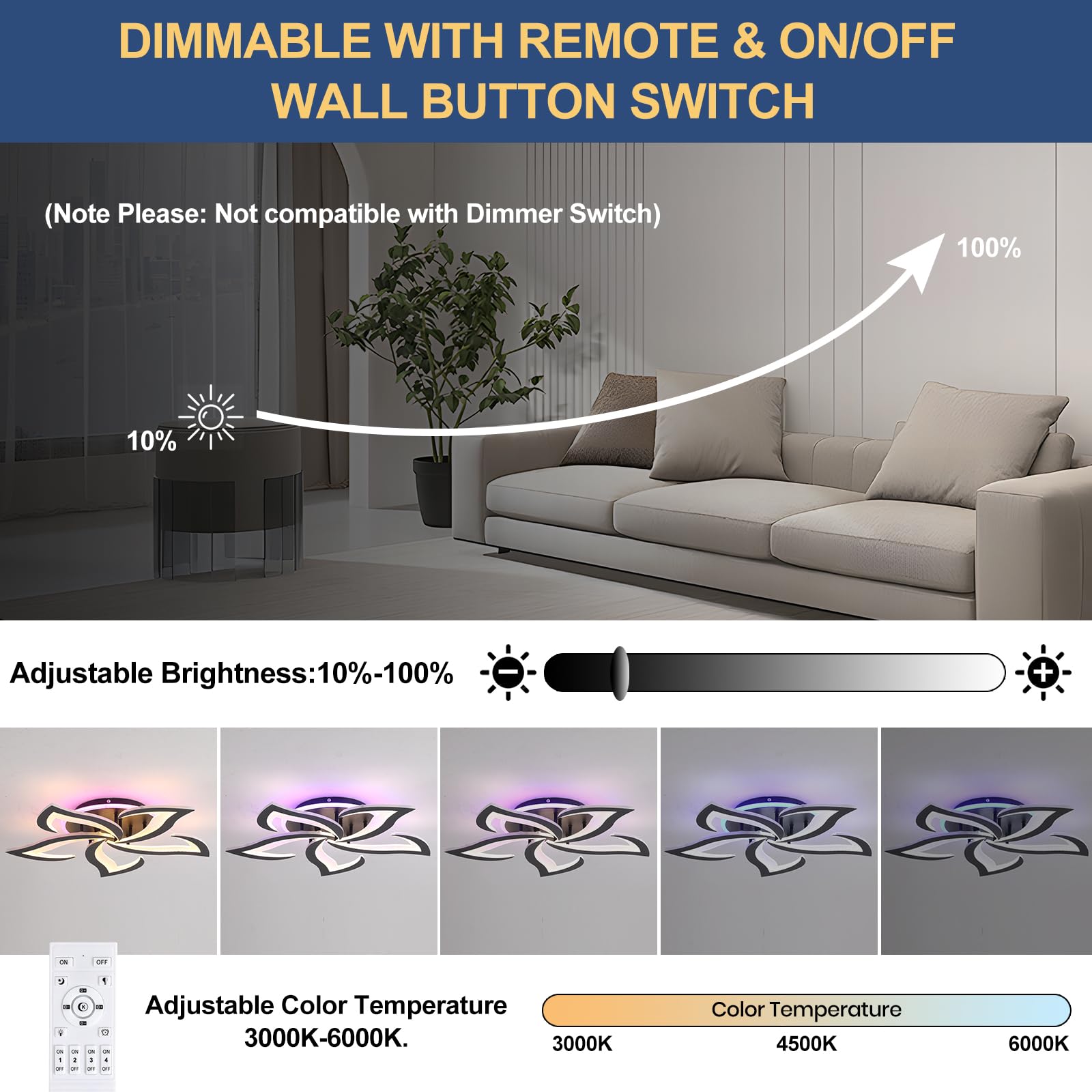 Plafoniera LED Soffitto 5 Petali Fiore Moderna Dimmerabile Nero | Plafoniera moderna da soffitto con telecomando, luce regolabile 3000-6000K per soggiorno, camera, cucina e corridoio