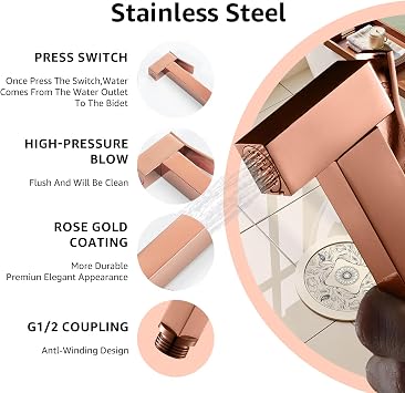 Handheld Bidet Sprayer for Toilet, Cloth Diaper Sprayer with Wall Mounts (ABS) and Hand Held Bidet Bathroom Hose (Stainless Steel), Jet Spray for Toilet, Muslim Shower, Easy to Install (Rose Gold)