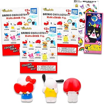 Sanrio Twinchees Blind Bags Hide and Seek Figures Set - 3 Pack Mystery Collectable Figures Cinnamoroll, Tuxedo Sam, Pochacco, More Plus Stickers