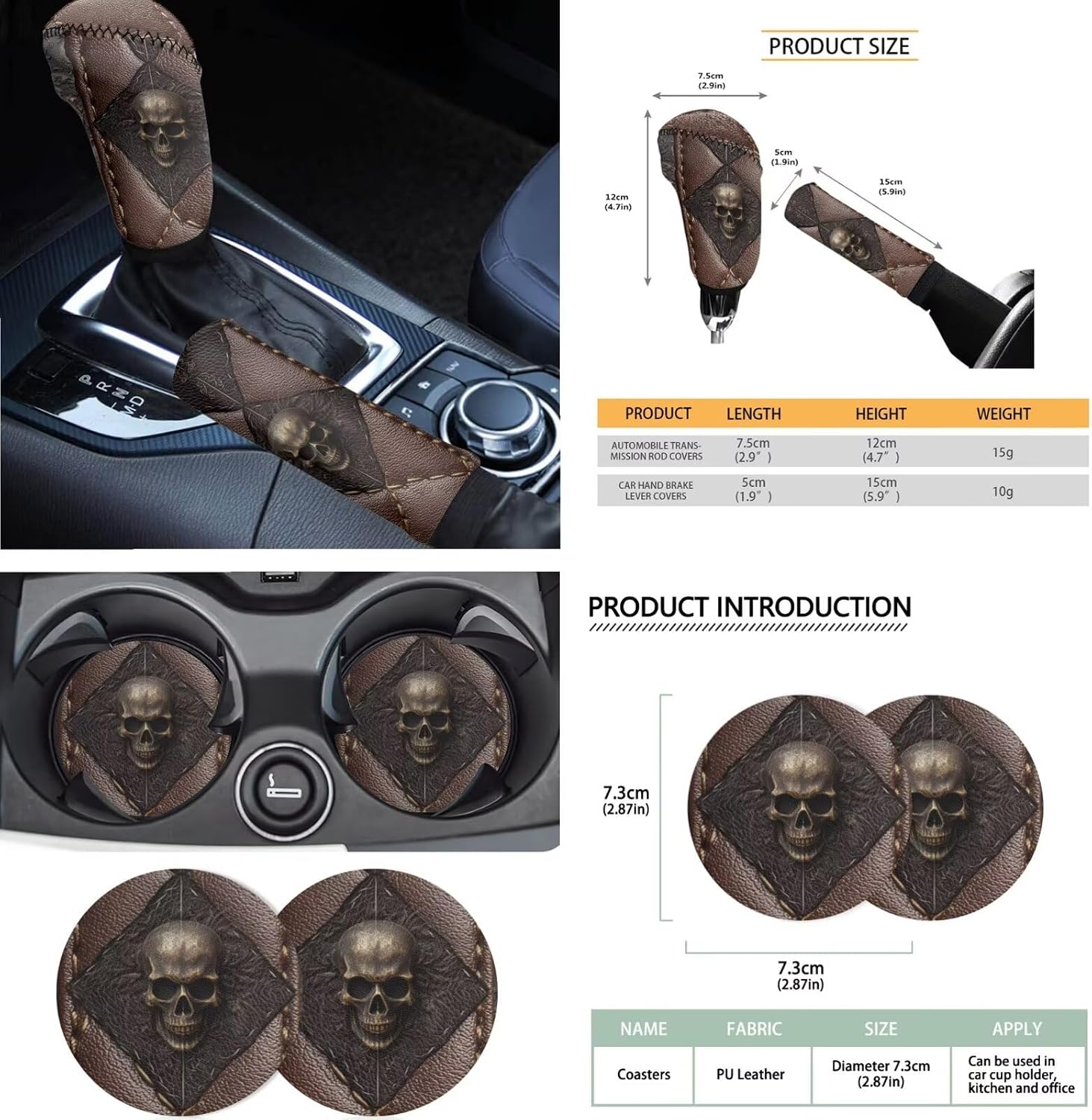 Skull Print Front Back Car Seat Cover with Steering Wheel Cover Headrest Covers Safety Belt Pad Center Console Pad Gear Lever and Hand Brake Covers Cup Cushions Key Chain