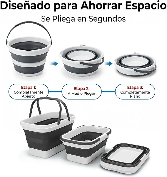 Cubo Plegable de Silicona 16 litros, Rectangular, con Asas, Compacto y Portátil, Ahorra Espacio para Limpieza, Coche, Maletero, Camping, Jardín y Colada (16 litros Rectangular) - 3