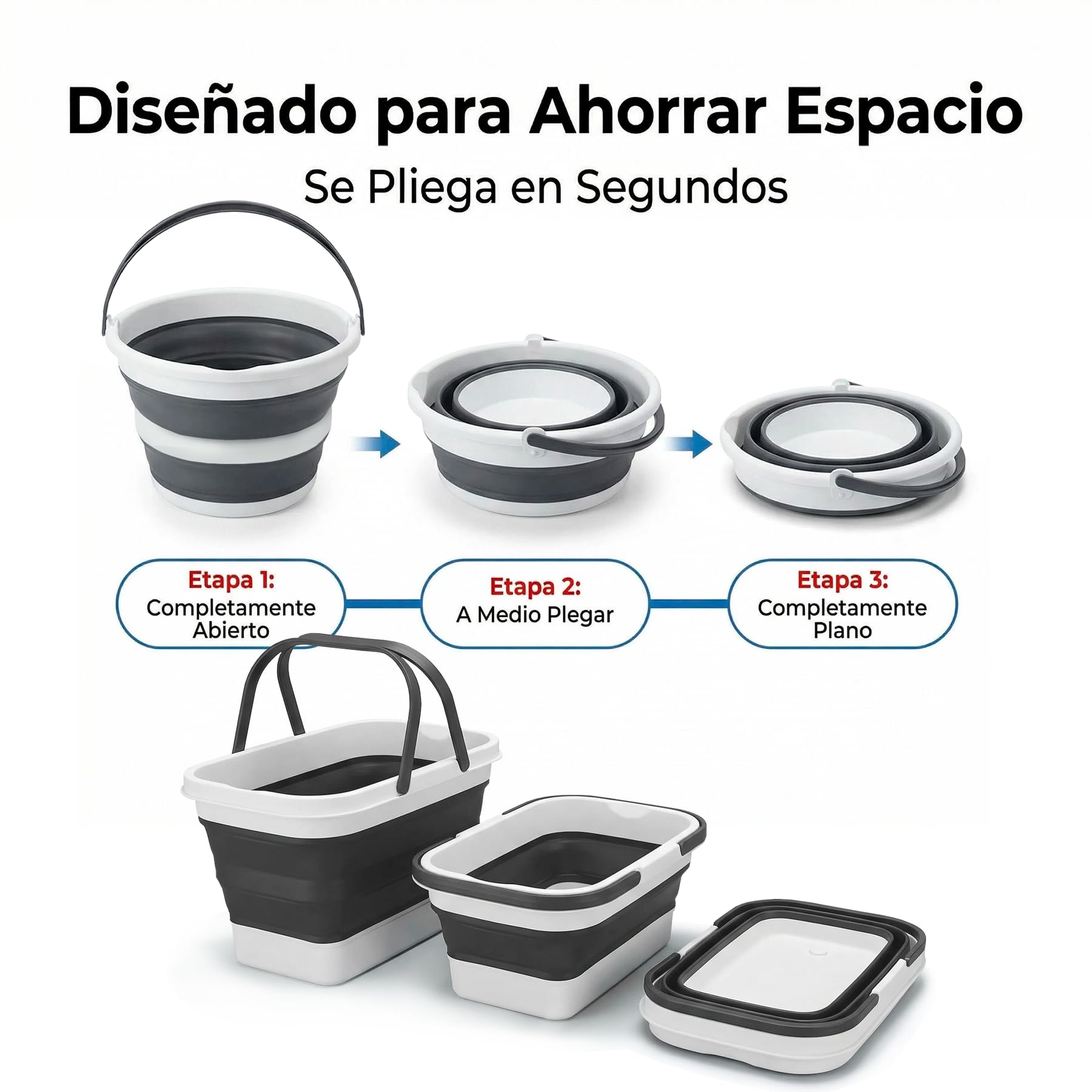 Cubo Plegable de Silicona 16 litros, Rectangular, con Asas, Compacto y Portátil, Ahorra Espacio para Limpieza, Coche, Maletero, Camping, Jardín y Colada (16 litros Rectangular) — view 3