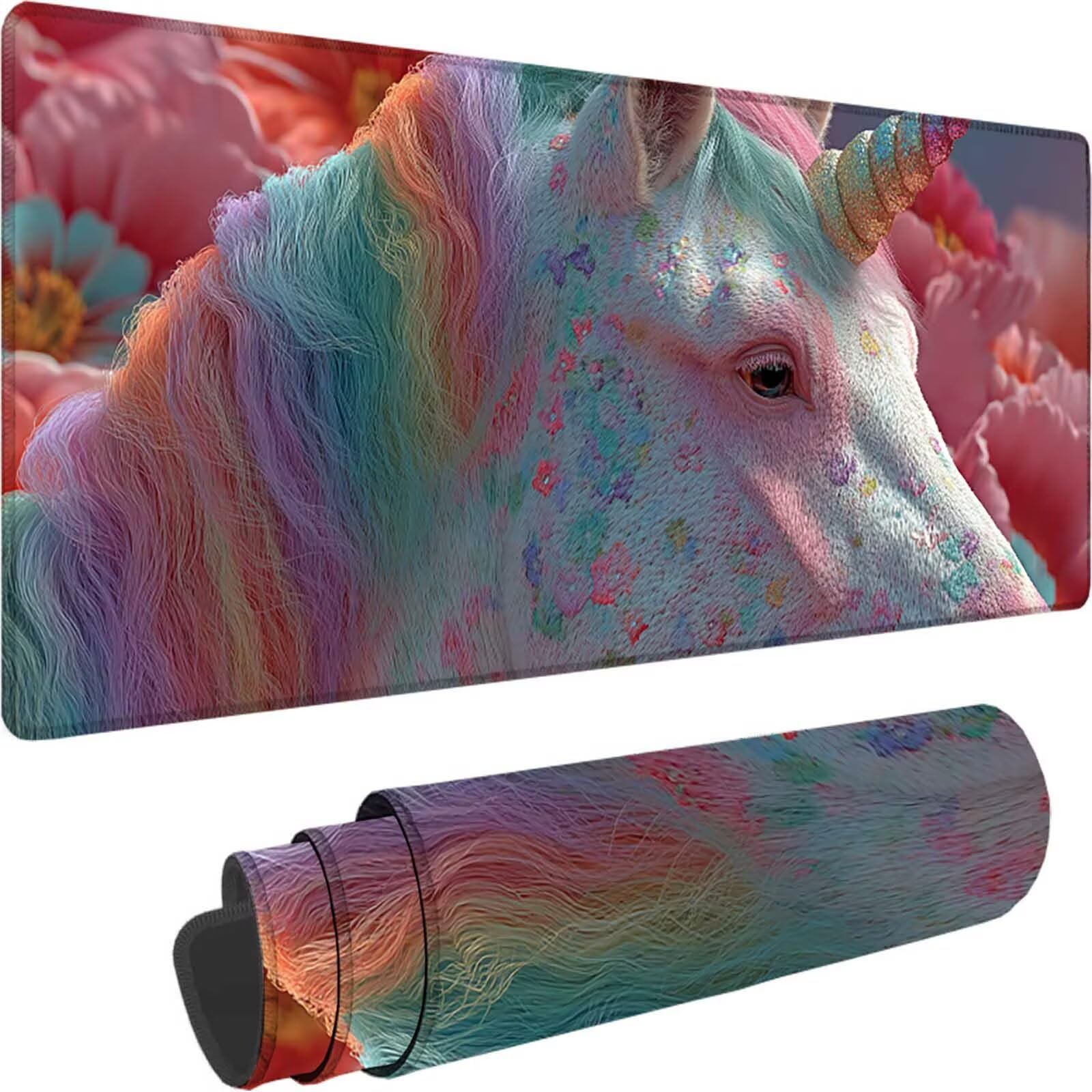 Różowa podkładka pod mysz 1500 x 800 x 3 mm duża podkładka pod mysz XXL jednorożec pod ręką gracz na biurko, szyte krawędzie, antypoślizgowa gumowa podkładka pod mysz do komputera, komputera