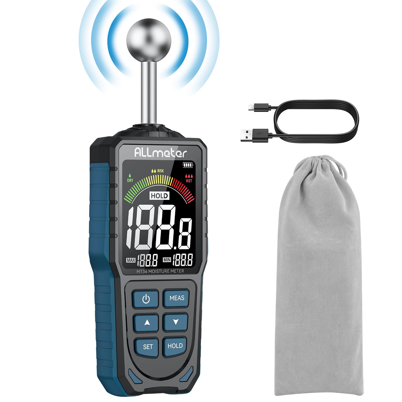 ALLmeter Wiederaufladbar Feuchtigkeitsmessgerät Feuchtigkeitsmesser 5-40 mm Analysetiefe mit Stoffbeutel Farb-LCD Akustischem Alarm Kugelform Feuchtigkeitsmesser für Wand Putz Mauerwerk Holz Beton