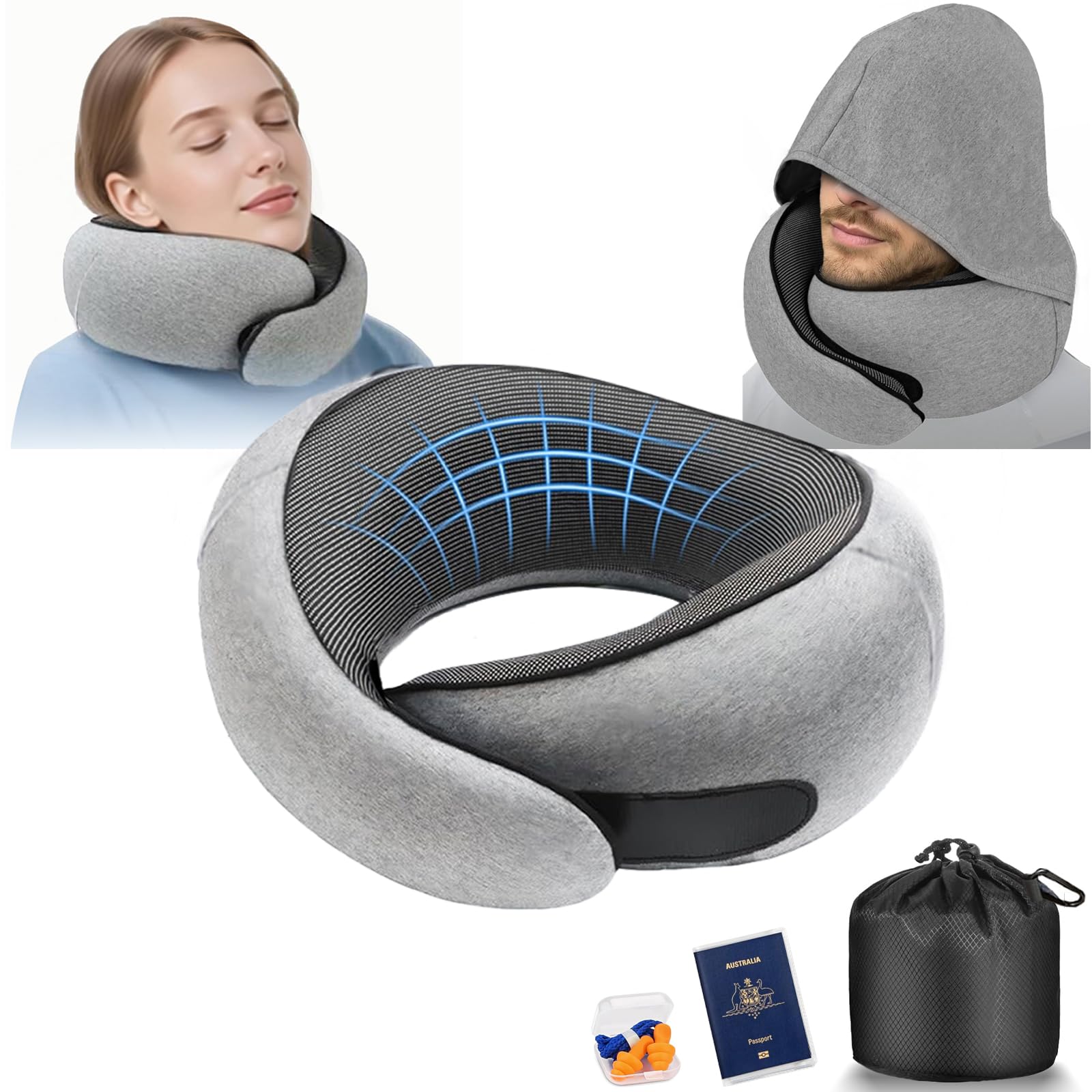 Oreiller de Voyage, Coussin de Nuque pour Avion avec Capuche, Support en Mousse à mémoire de Forme à 360 °, Housse Lavable pour Voiture, Train et Bureau (Gris)