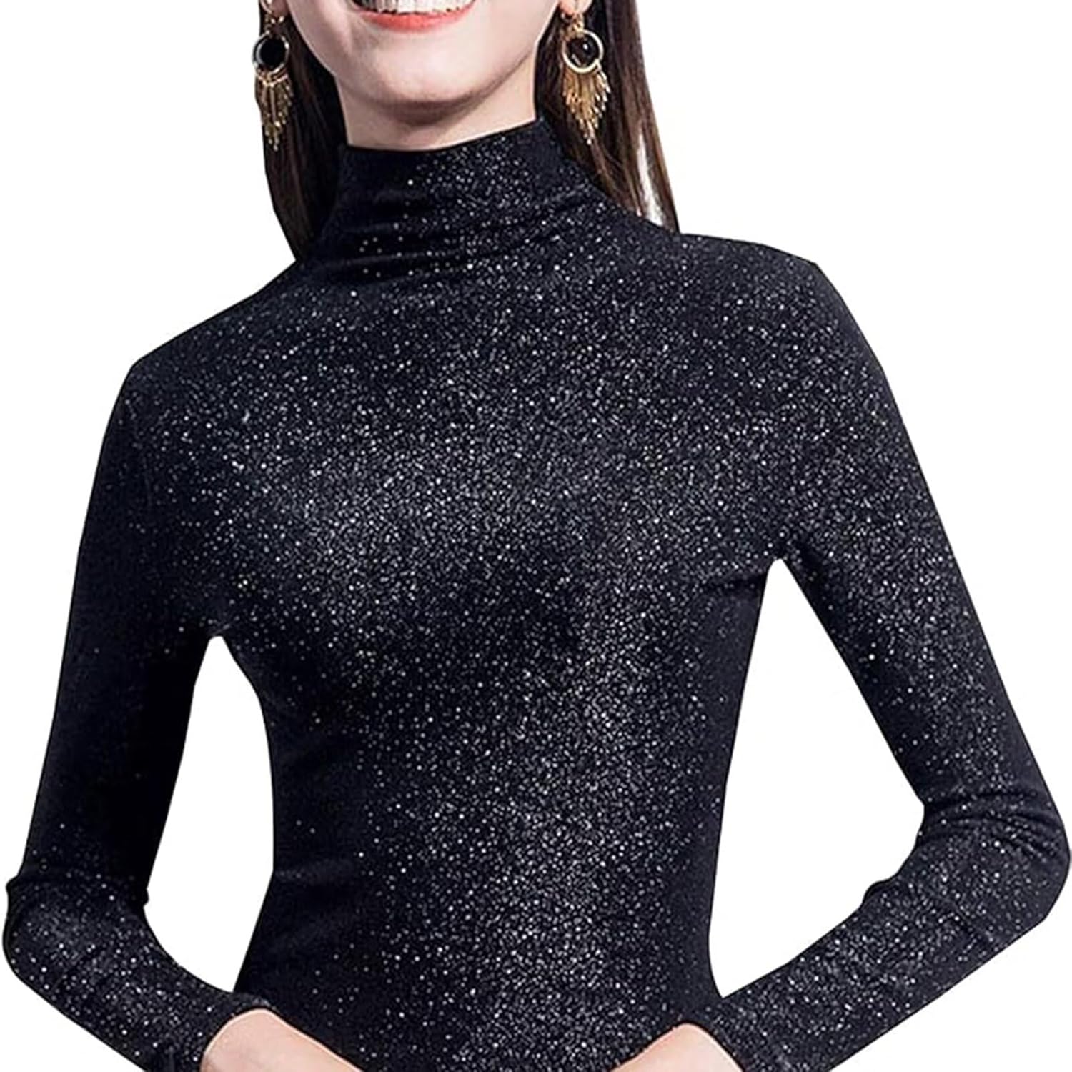 Women's Slim Fit Long Sleeve Sequin Turtleneck Sparkle Tee Glitter Blouse Tops - Image 4
